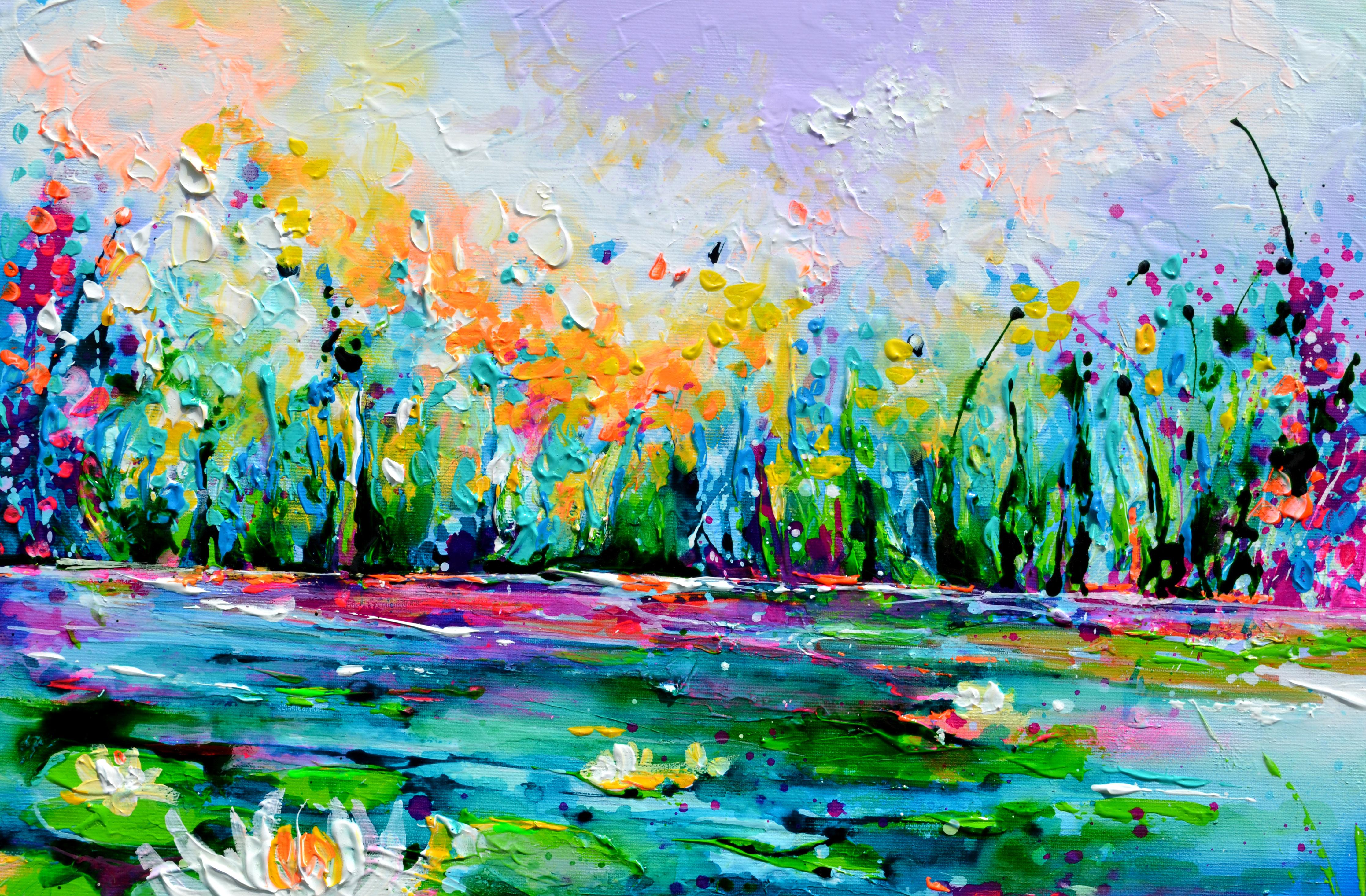 Lilies roses et blanches sur l'étang - Bleu Landscape Painting par Soos Roxana Gabriela