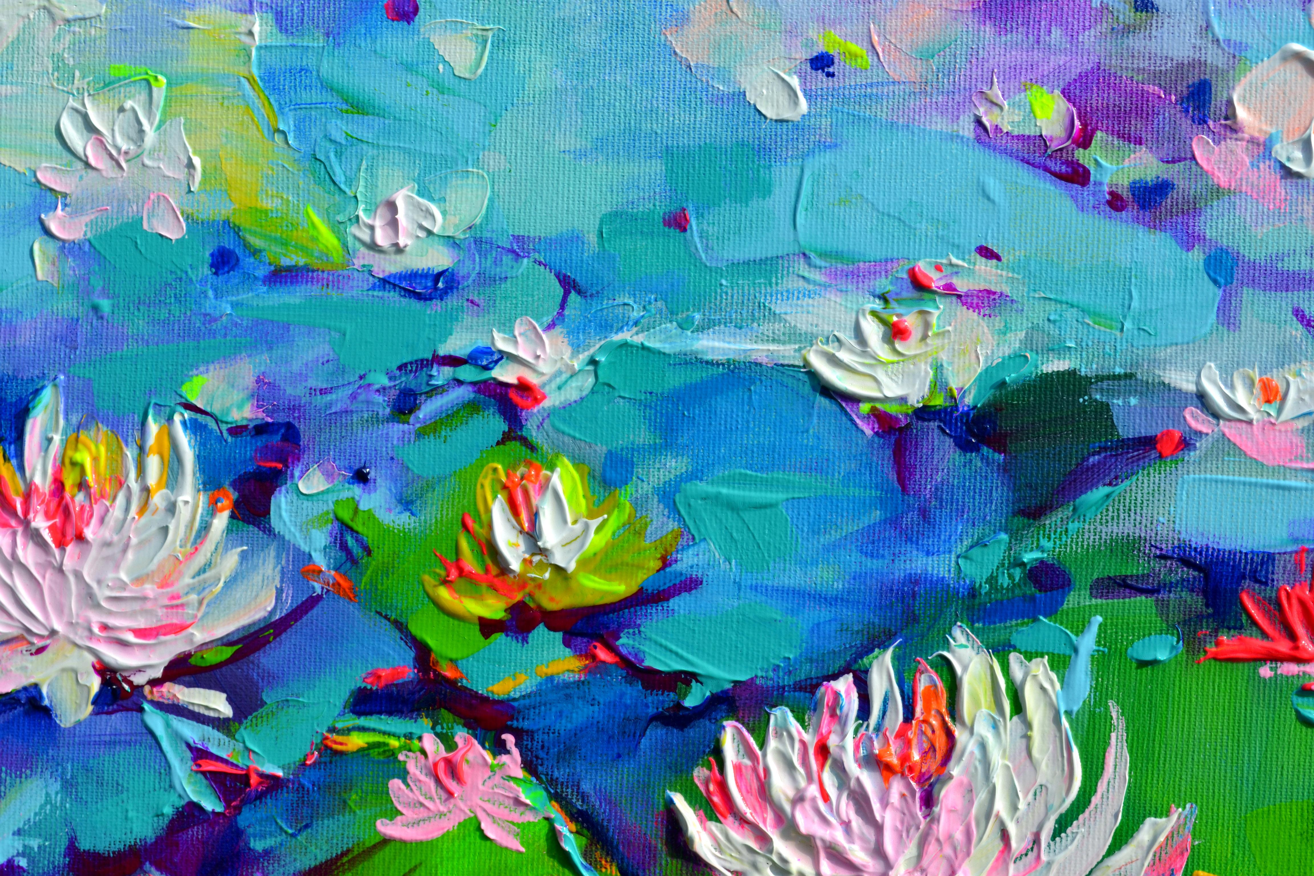 Rosa und weiße Seerosen auf dem Teich, 
BEREITS AUFGEHÄNGTES GEMÄLDE - das Gemälde wird an den Rändern umrandet.
Ein schönes großes modernes Blumengemälde, eine wunderbare Wasserlilie auf dem Teich Kunstwerk, mit professionellen lackiert Acryl und