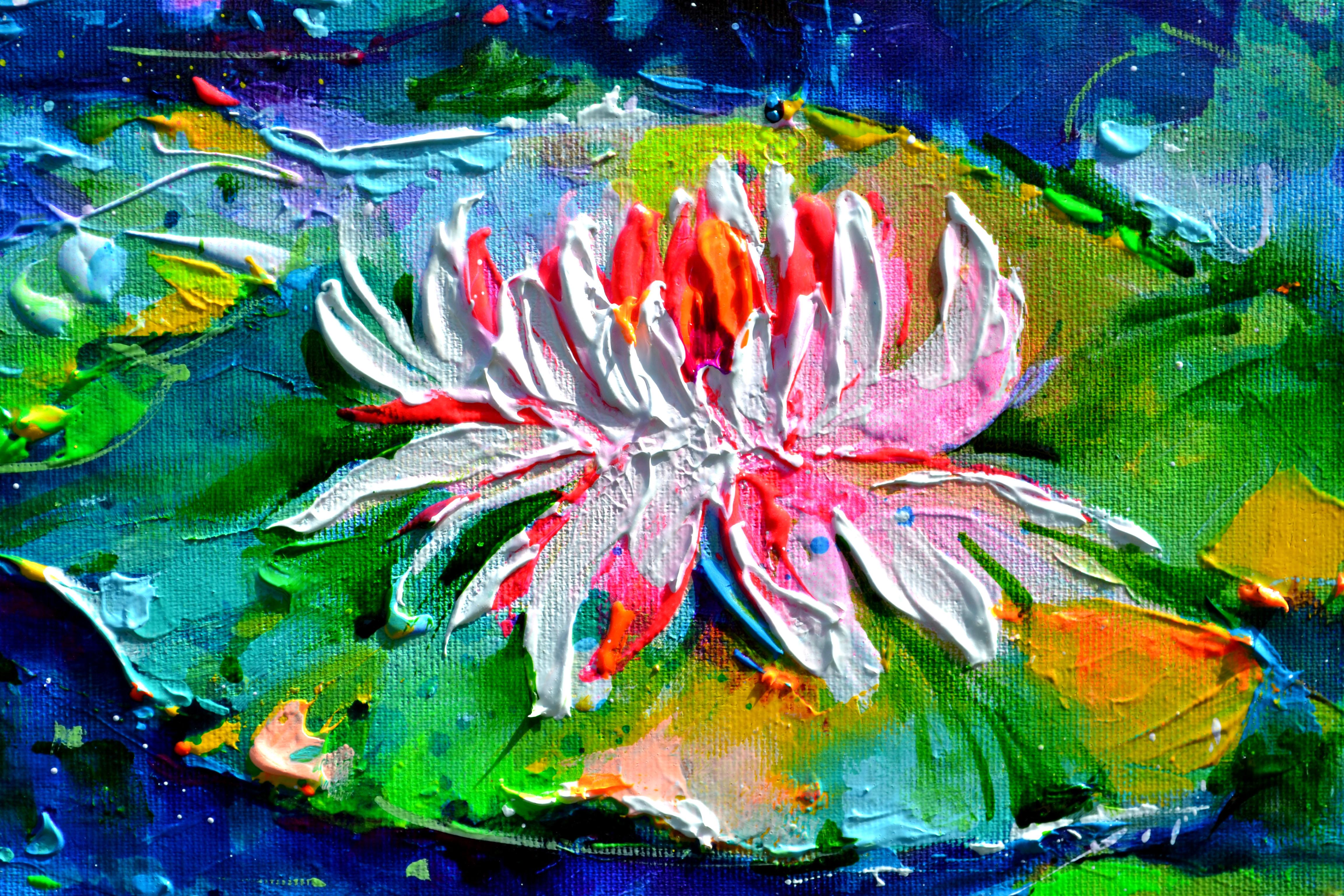 READY TO HANG GALLERY QUALITY PAINTING with the edges painted.
A beautiful large modern floral painting, a marvelous water lilies on the pond, made with professional varnished acrylics and Amsterdam acrylic sprays on stretched canvas with heavy