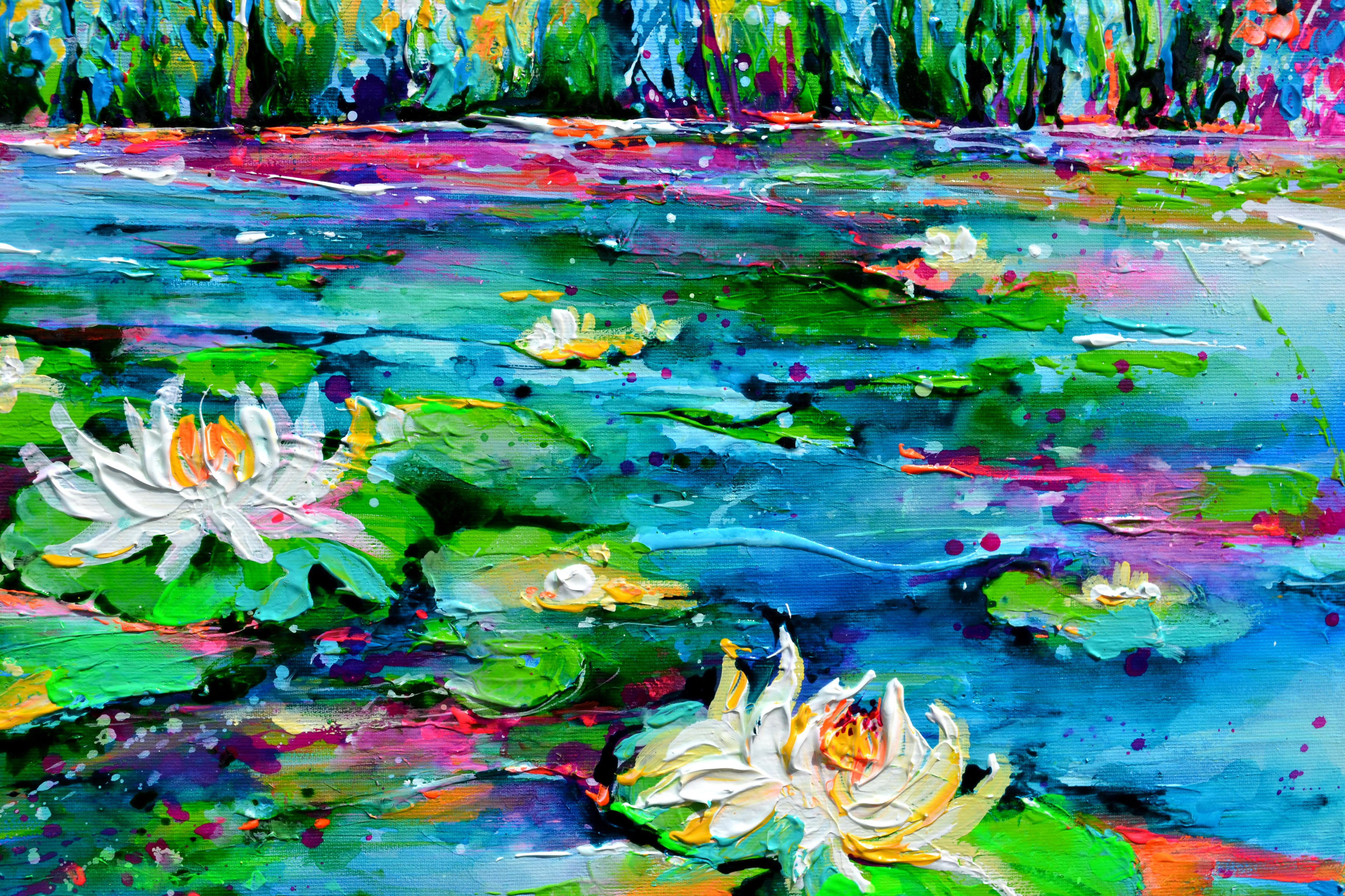 PRET A ACCROCHER PEINTURE DE QUALITE GALERIE avec les bords peints.
Une belle grande peinture florale moderne, un merveilleux paysage de nénuphars sur l'étang, réalisée avec des acryliques vernis professionnels et des sprays acryliques d'Amsterdam