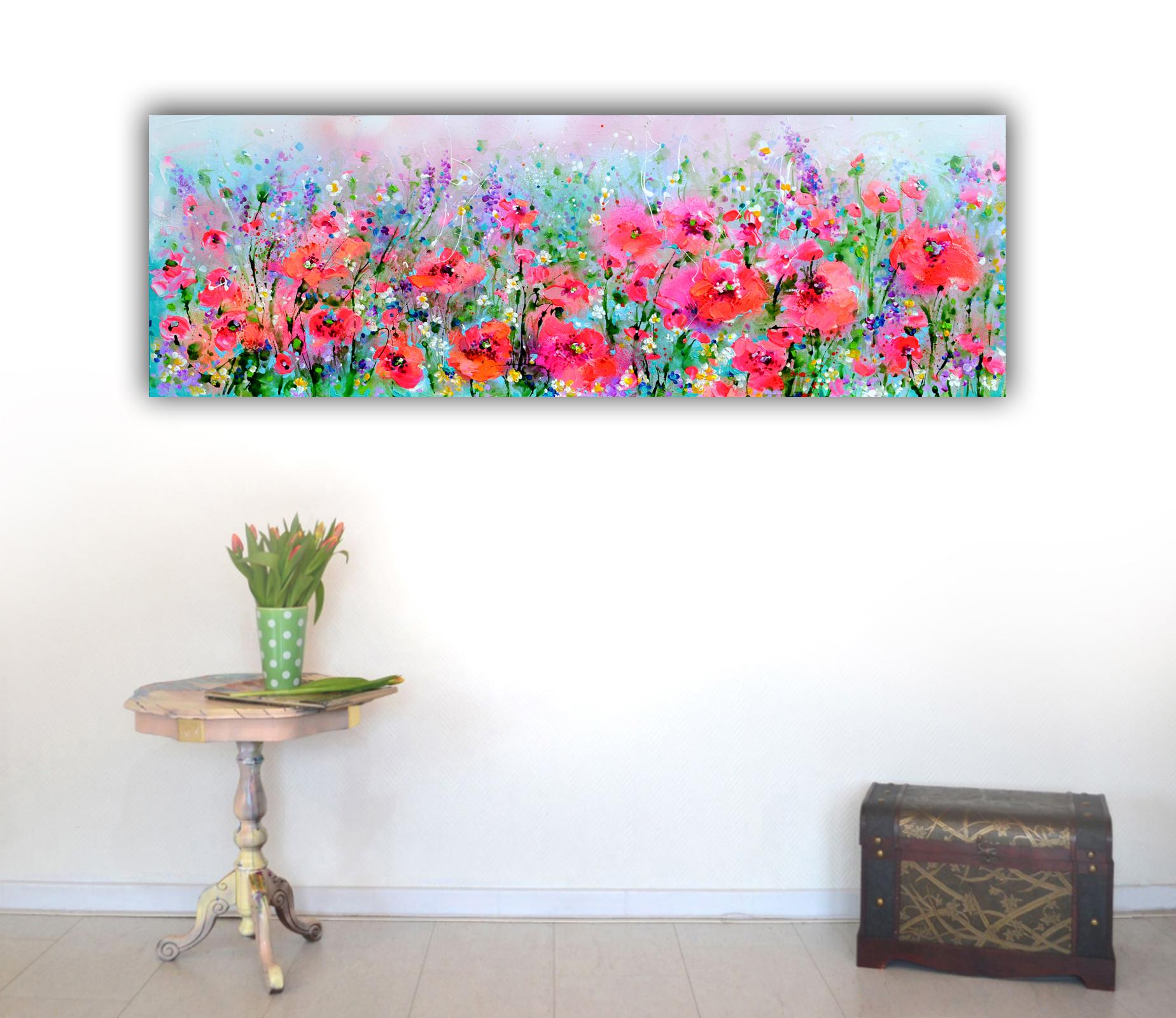 READY TO HANG with the edges painted.
Rich and vibrant flowery sceneries that fulfils Roxana's passion for flowers, fields and gardens, that comes in the second place after painting. Roxana Soos is creating this colorful, contrasted and spontaneous