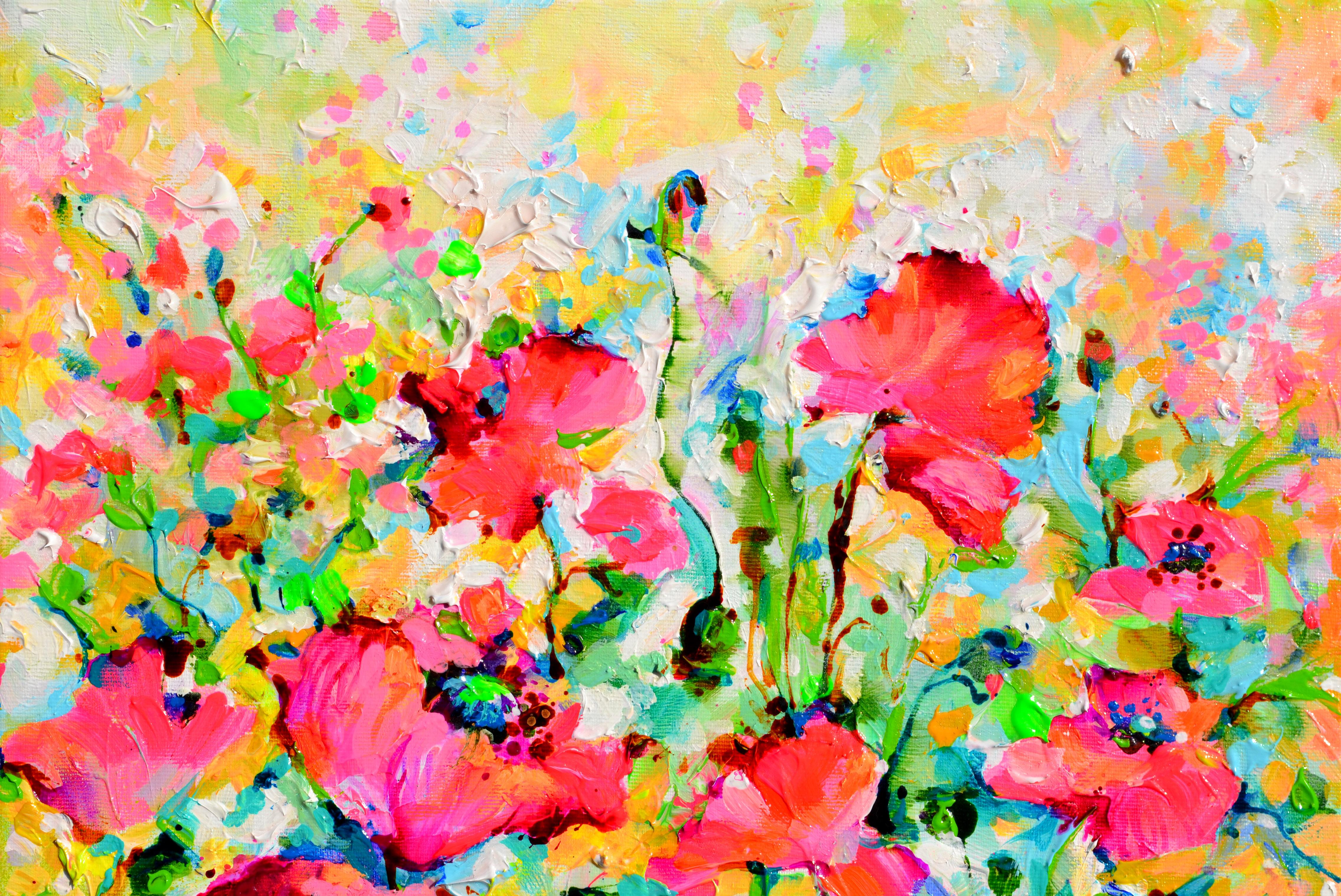 Roter Schlafmohn - Mohnblumenfeld (Beige), Landscape Painting, von Soos Roxana Gabriela