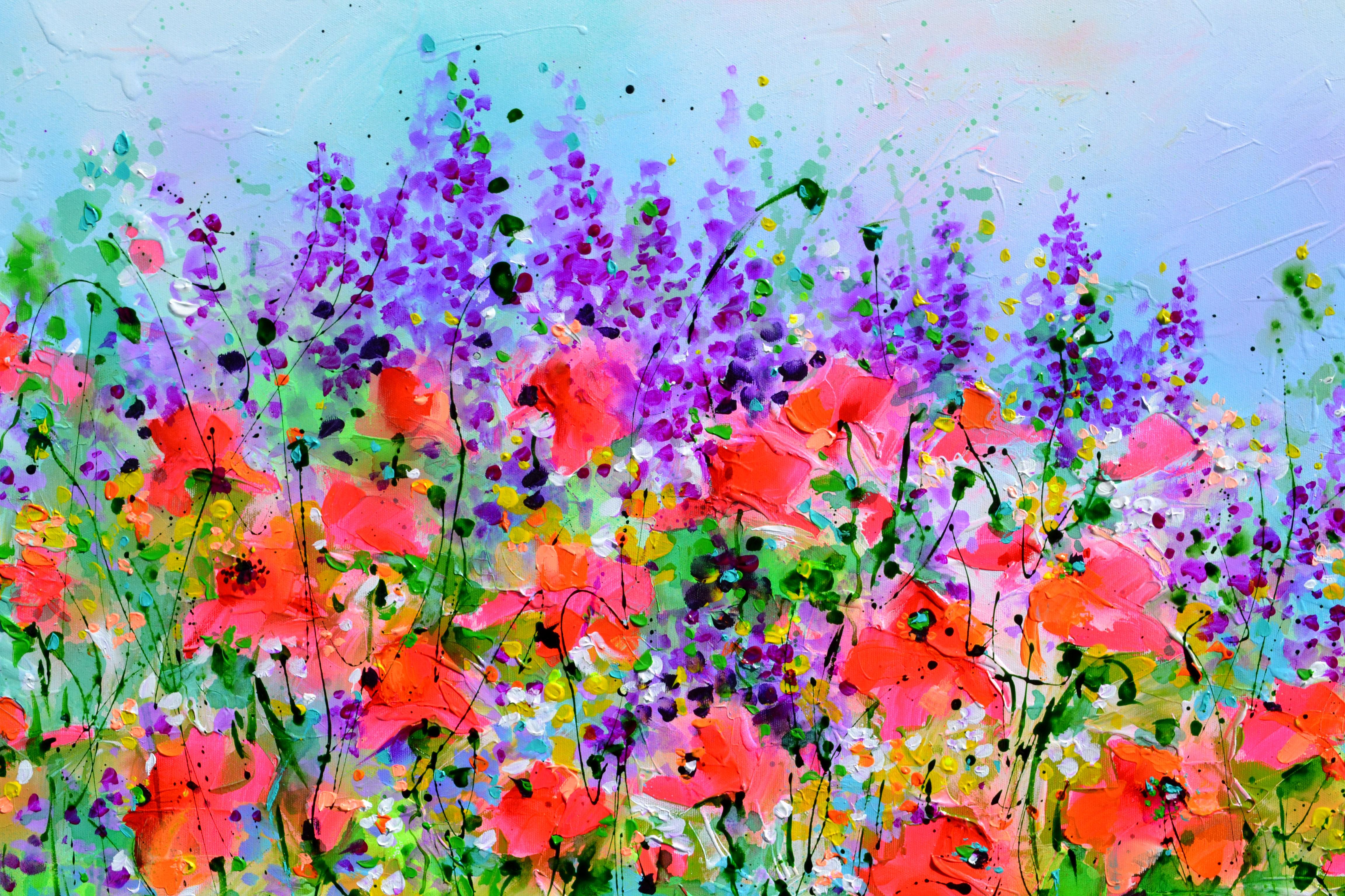 Amapola Roja - Amapolas Rojas y Delphinium Campo Salvaje - Landscape Painting Gris de Soos Roxana Gabriela