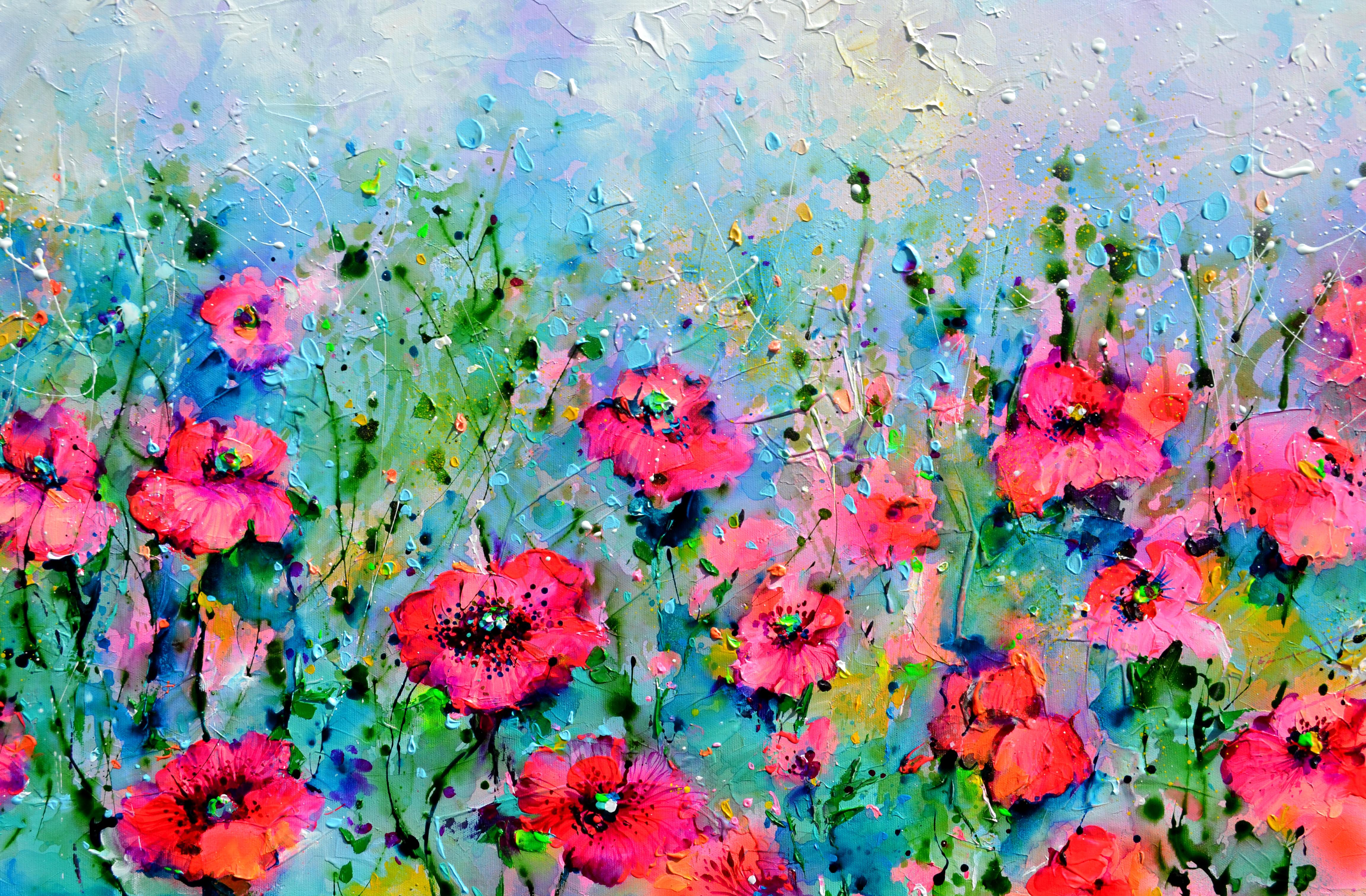 Coquelicot rouge - Champ de coquelicots rouges et de fleurs sauvages - Impressionnisme Painting par Soos Roxana Gabriela