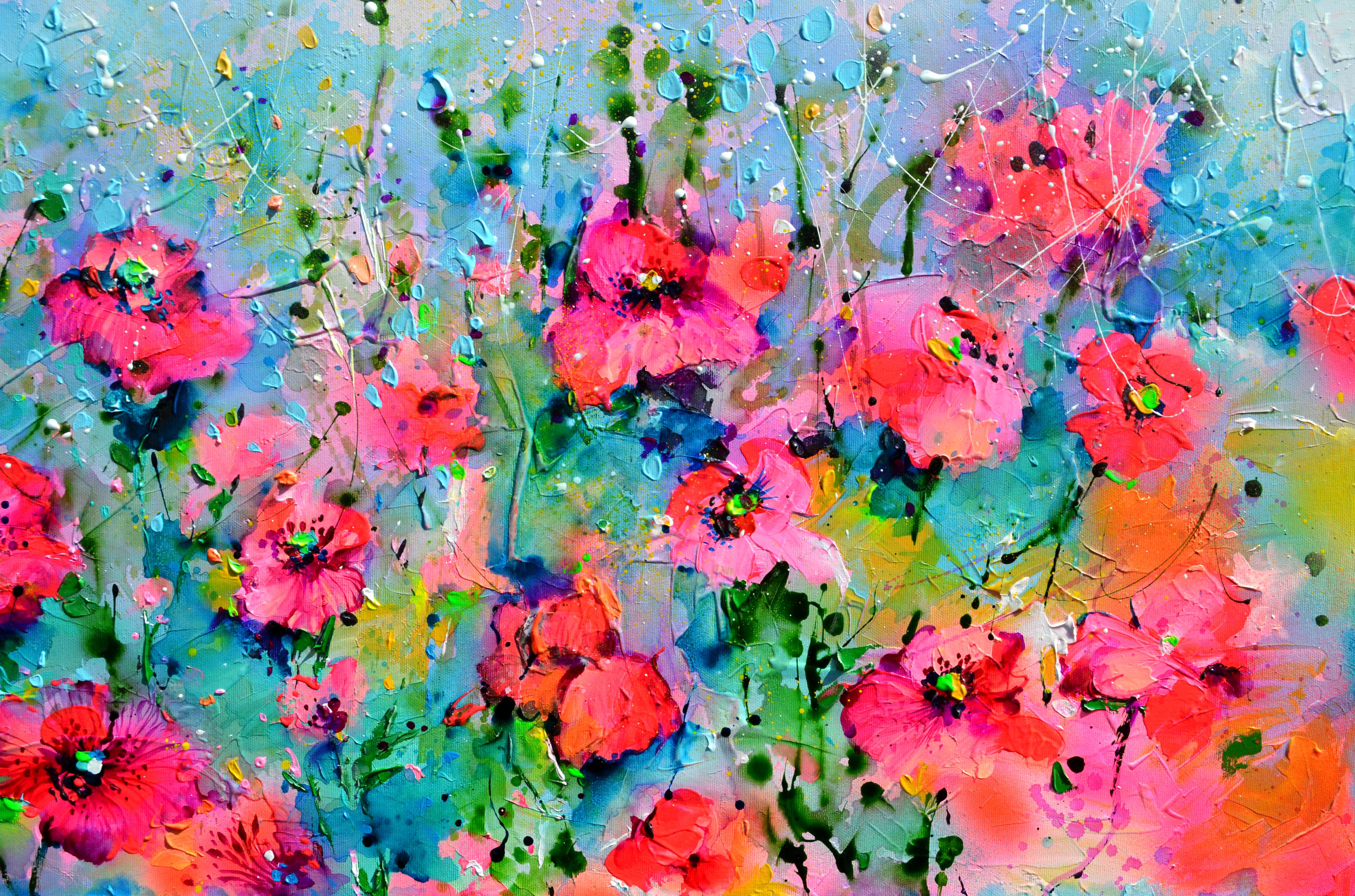 Coquelicot rouge - Champ de coquelicots rouges et de fleurs sauvages - Gris Landscape Painting par Soos Roxana Gabriela