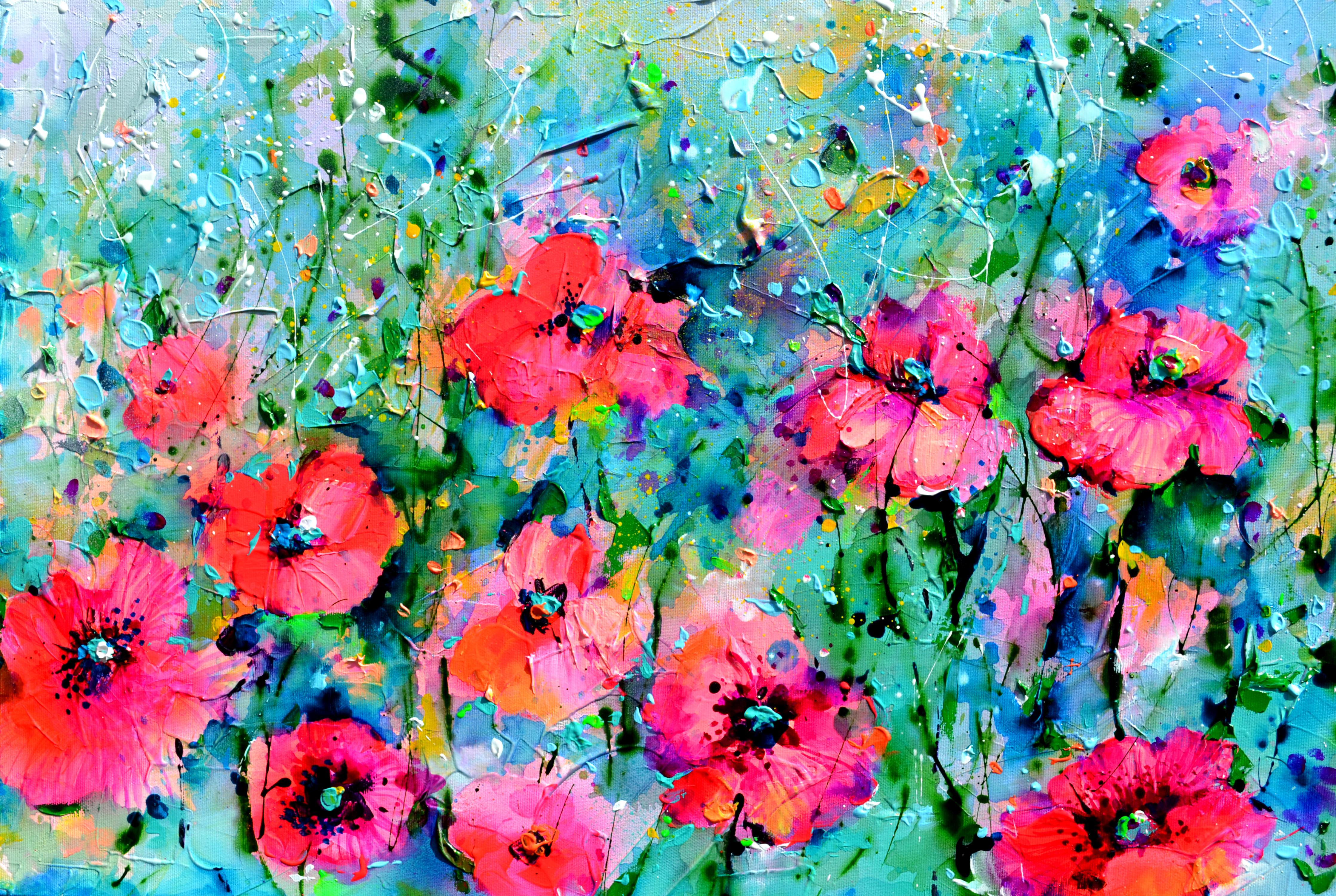 Prêt à être suspendu avec les bords peints.
Des paysages fleuris riches et vibrants qui répondent à la passion de Roxana pour les fleurs, les champs et les jardins, qui vient en deuxième position après la peinture. Roxana Soos crée ces peintures