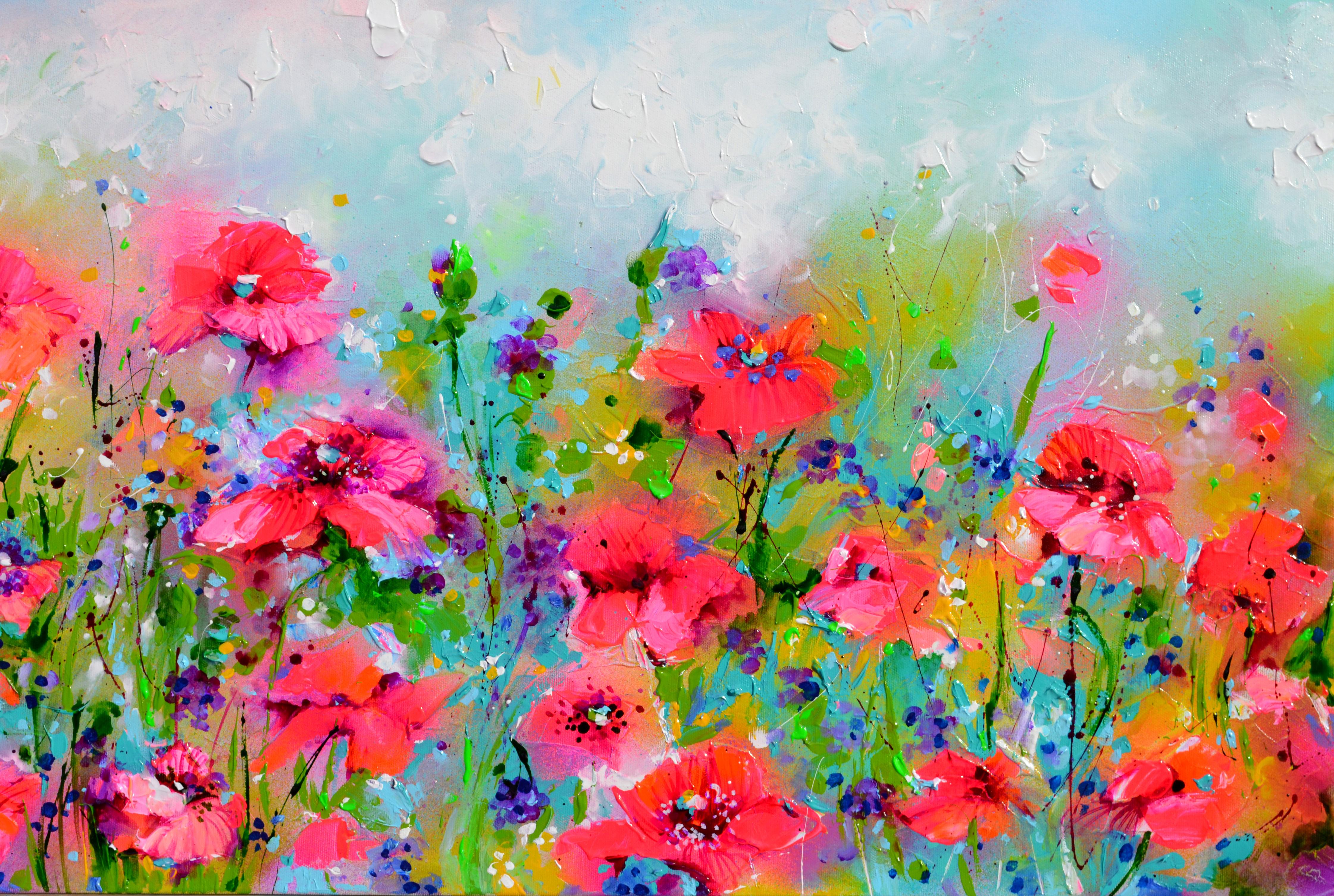LISTO PARA COLGAR con los bordes pintados.
Paisajes floridos ricos y vibrantes que satisfacen la pasión de Roxana por las flores, los campos y los jardines, que ocupa el segundo lugar después de la pintura. Roxana Soos crea estas pinturas