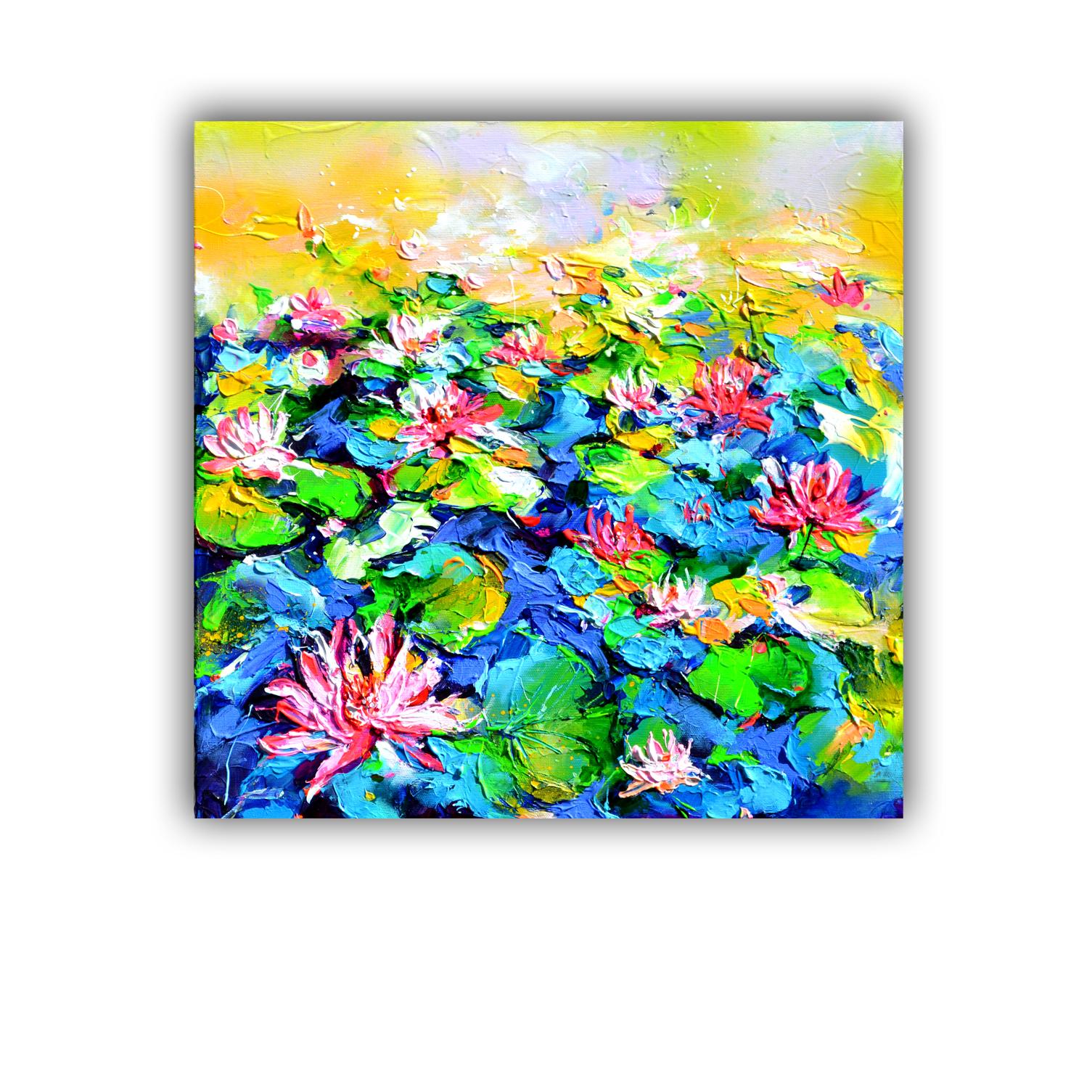 Red Water Lilies on the Pond 2 - Painting by Soos Roxana Gabriela