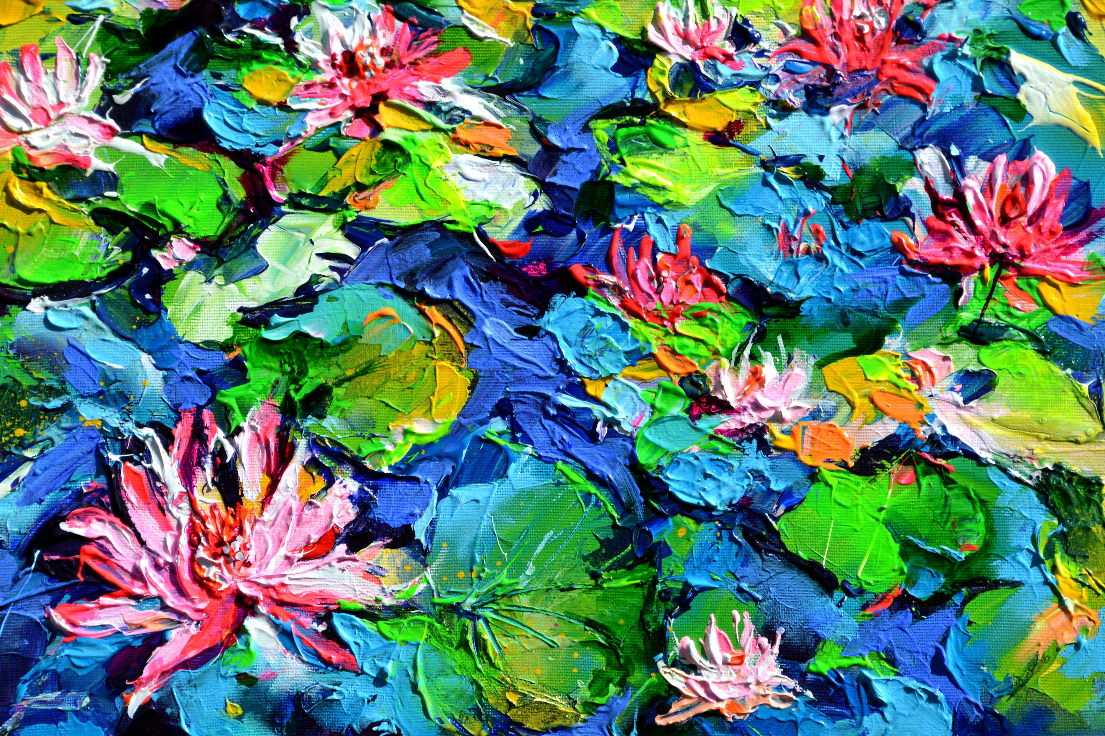 Red Water Lilies on the Pond 2 - Impressionist Painting by Soos Roxana Gabriela