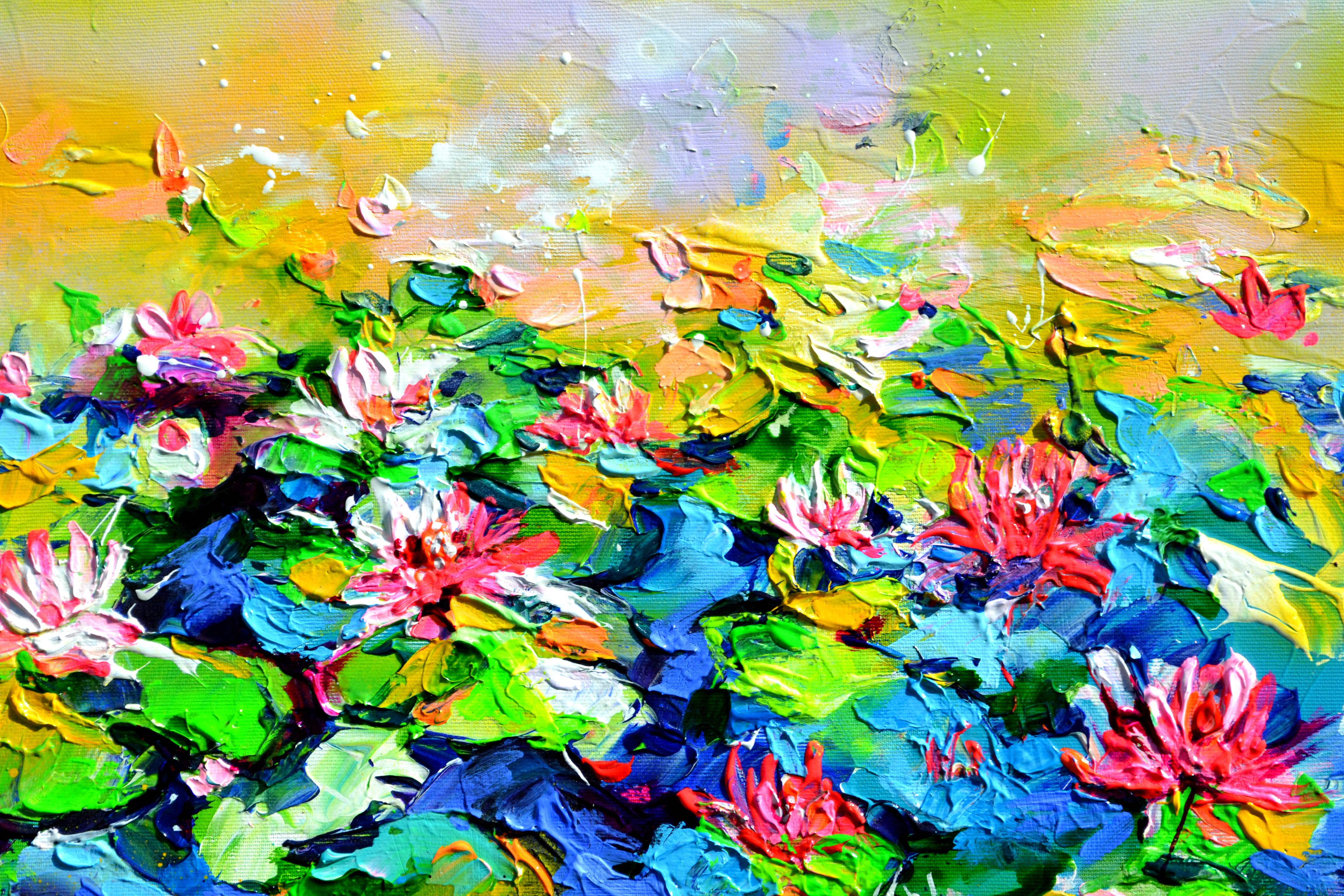 READY TO HANG PAINTING
A beautiful large modern floral painting, a marvelous water lilies on the pond landscape, made with professional varnished acrylics and Amsterdam acrylic sprays on stretched canvas with heavy reliefs made of palette knife.
I