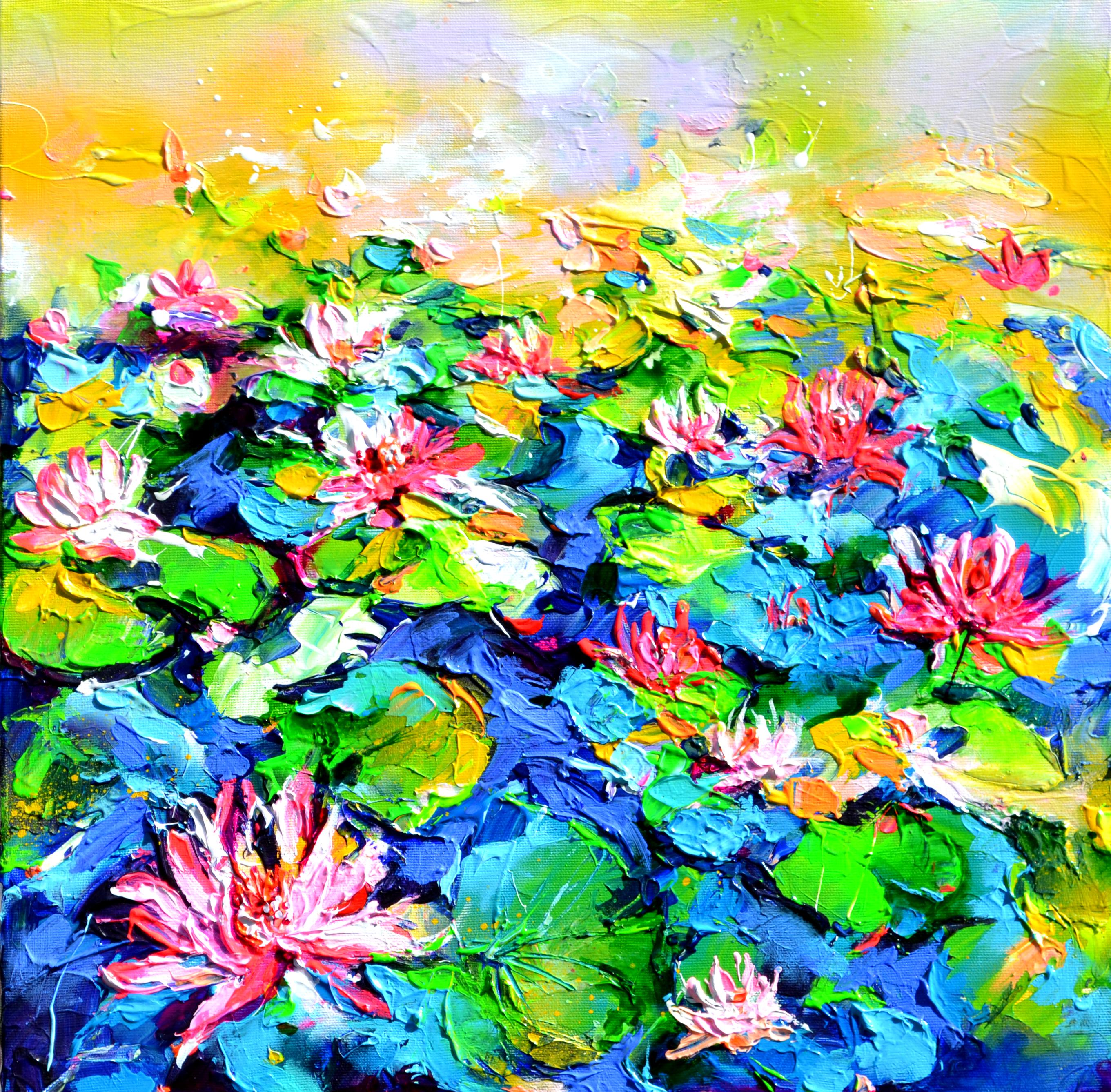 Soos Roxana Gabriela Interior Painting - Red Water Lilies on the Pond 2