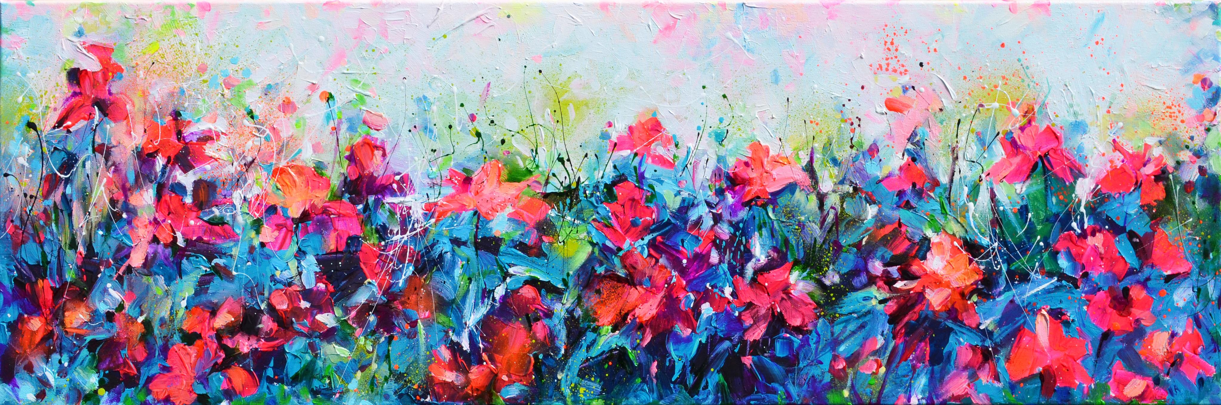 Red Wild Poppies Field at Dusk - Red Poppies and Wild Flowers Field Signed