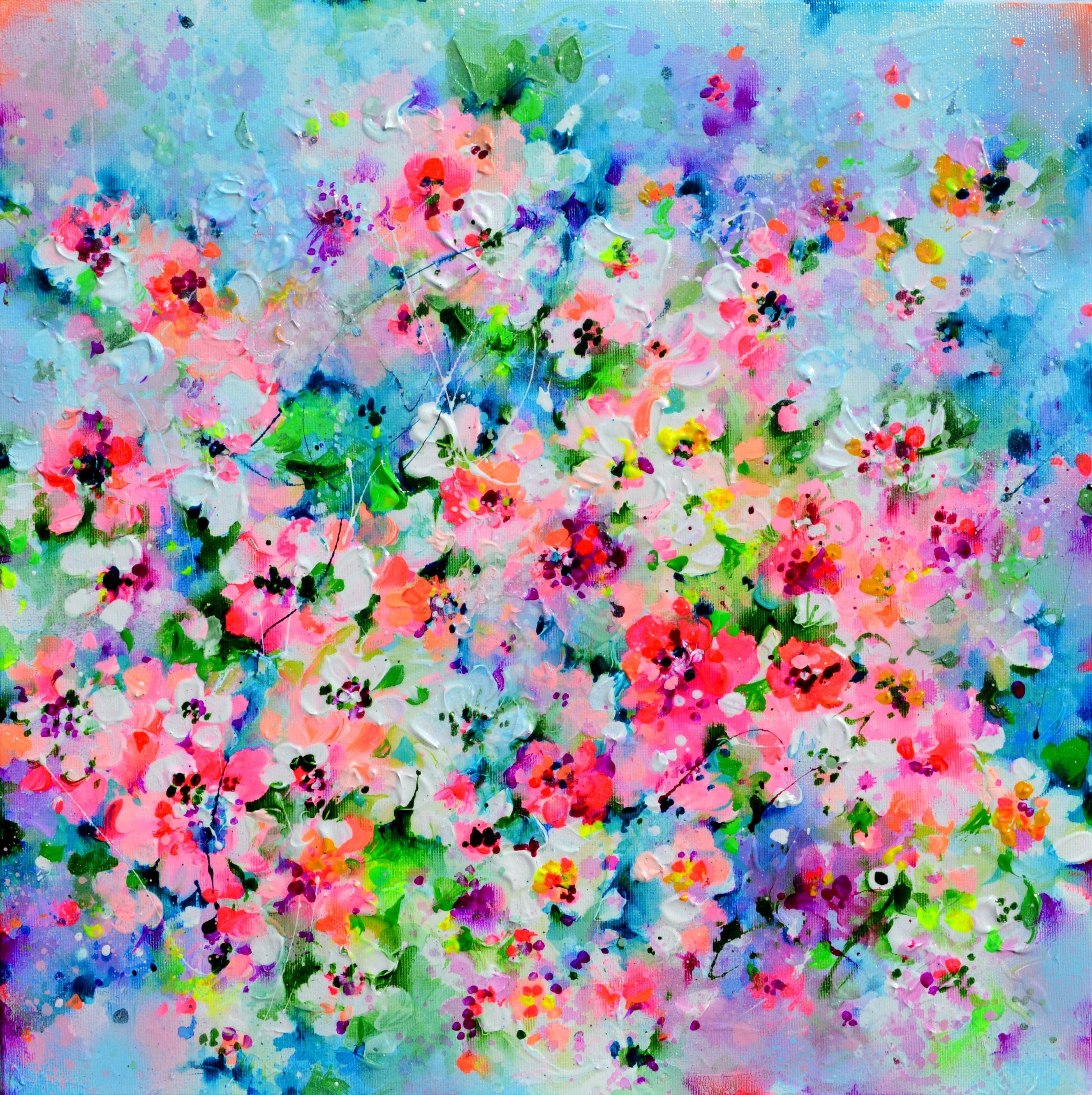 READY TO HANG A beautiful modern floral painting, made with professional varnished acrylics and Amsterdam acrylic sprays on stretched heavy canvas. I ship this marvellous artwork ready to hang. Dimensions: 50X50X2 cm, 19.7X19.7X0.8 inches. It is