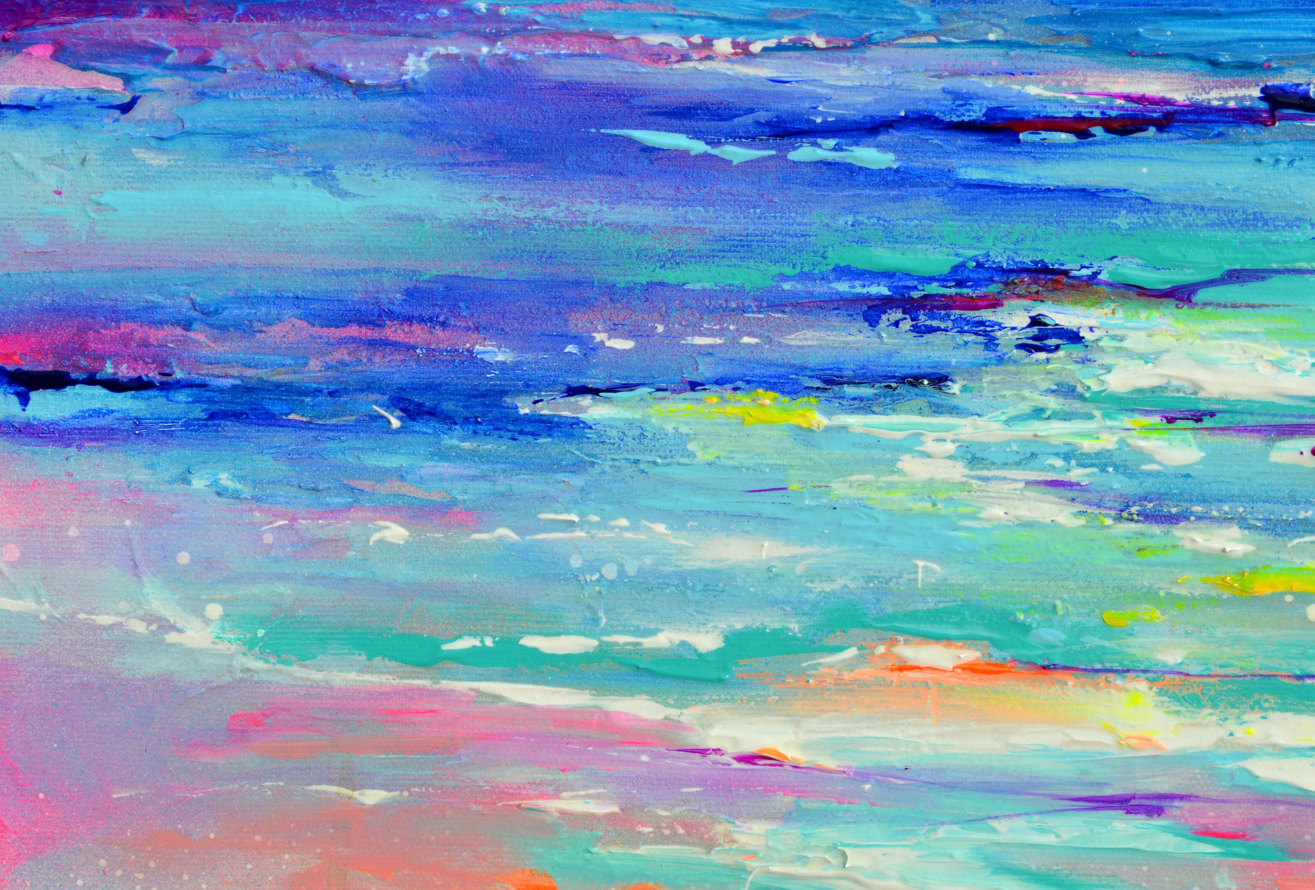 PRONTO DA APPENDERE CON I BORDI DIPINTI.
Un bellissimo paesaggio marino d'atmosfera moderna, semi-astratto, realizzato con acrilici professionali verniciati e spray acrilici di Amsterdam su tela pesante tesa con rilievi in coltello da
