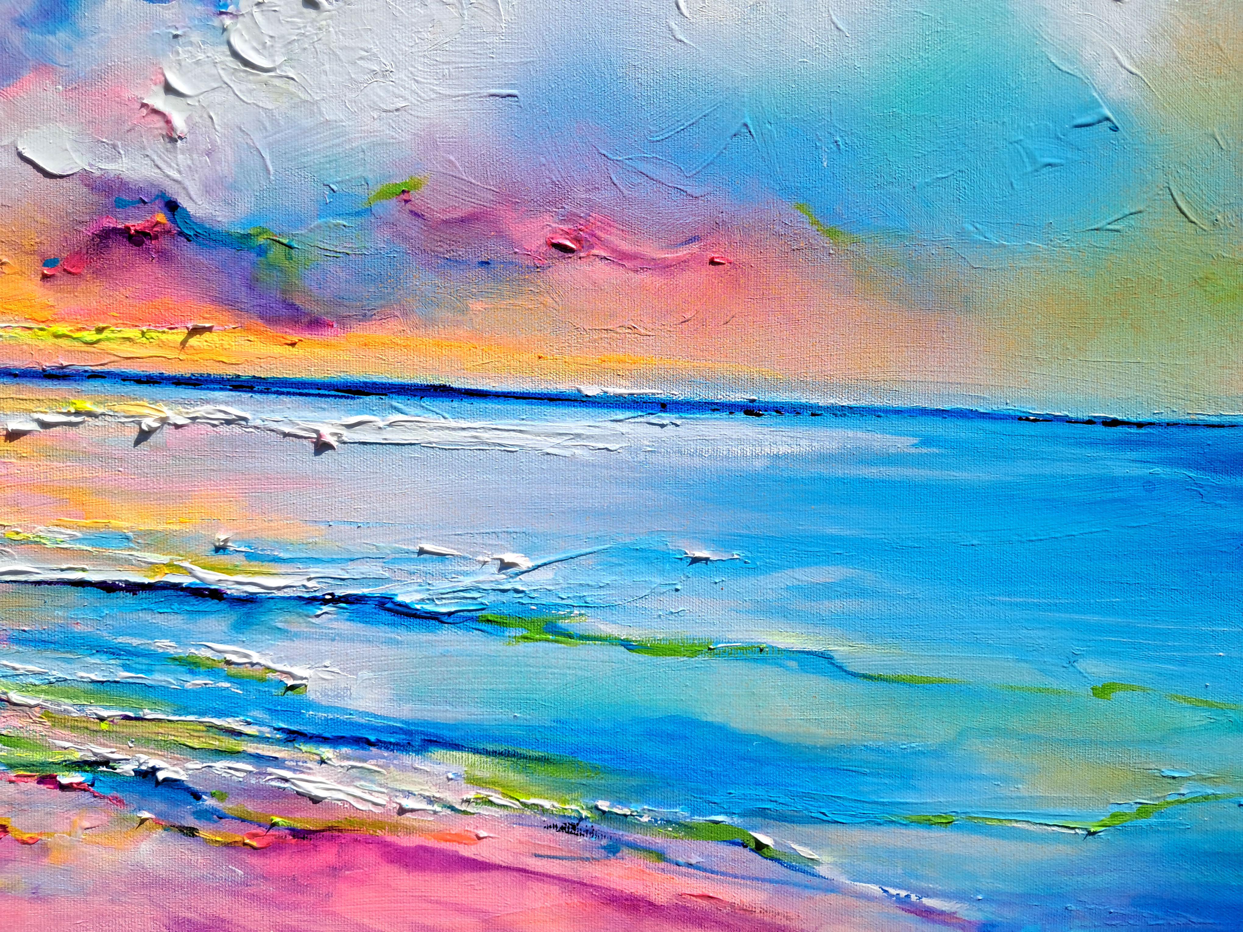 Meereslandschaft - New Horizon 187, farbenfroher Sonnenuntergang (Grau), Landscape Painting, von Soos Roxana Gabriela