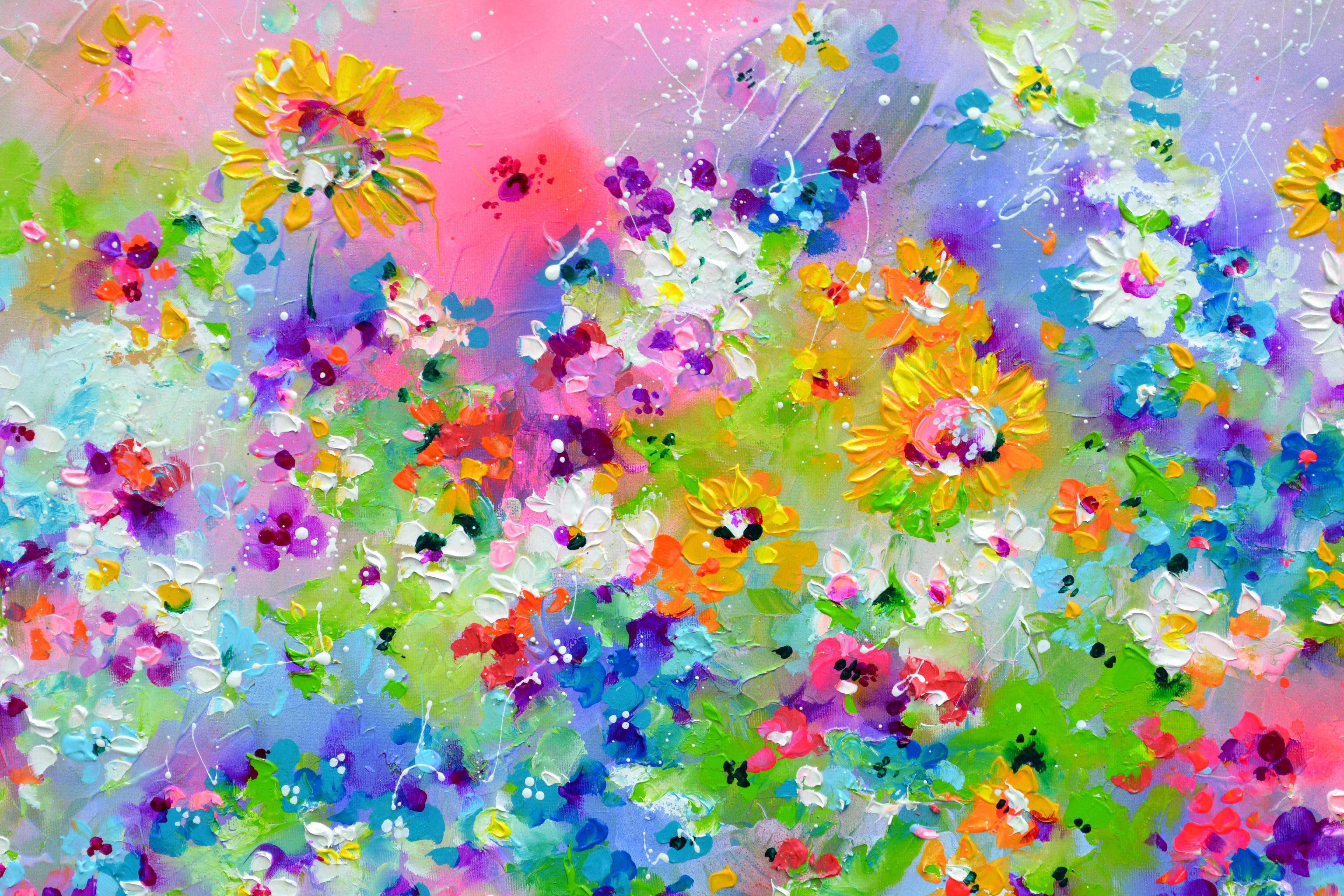 Sunflower and Daisies Wild Flower Field - Gray Interior Painting by Soos Roxana Gabriela