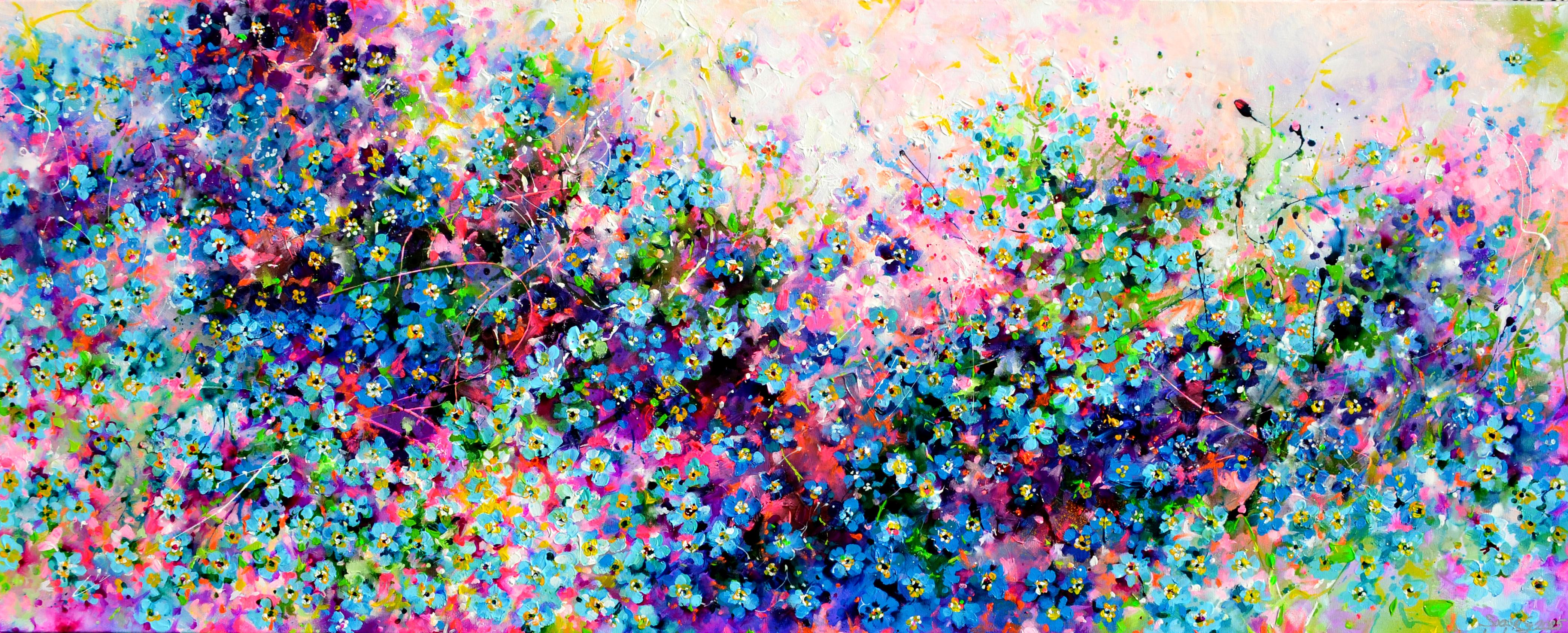 Soos Roxana Gabriela Landscape Painting - Sunrise Forget Me Not Myosotis Flower Field