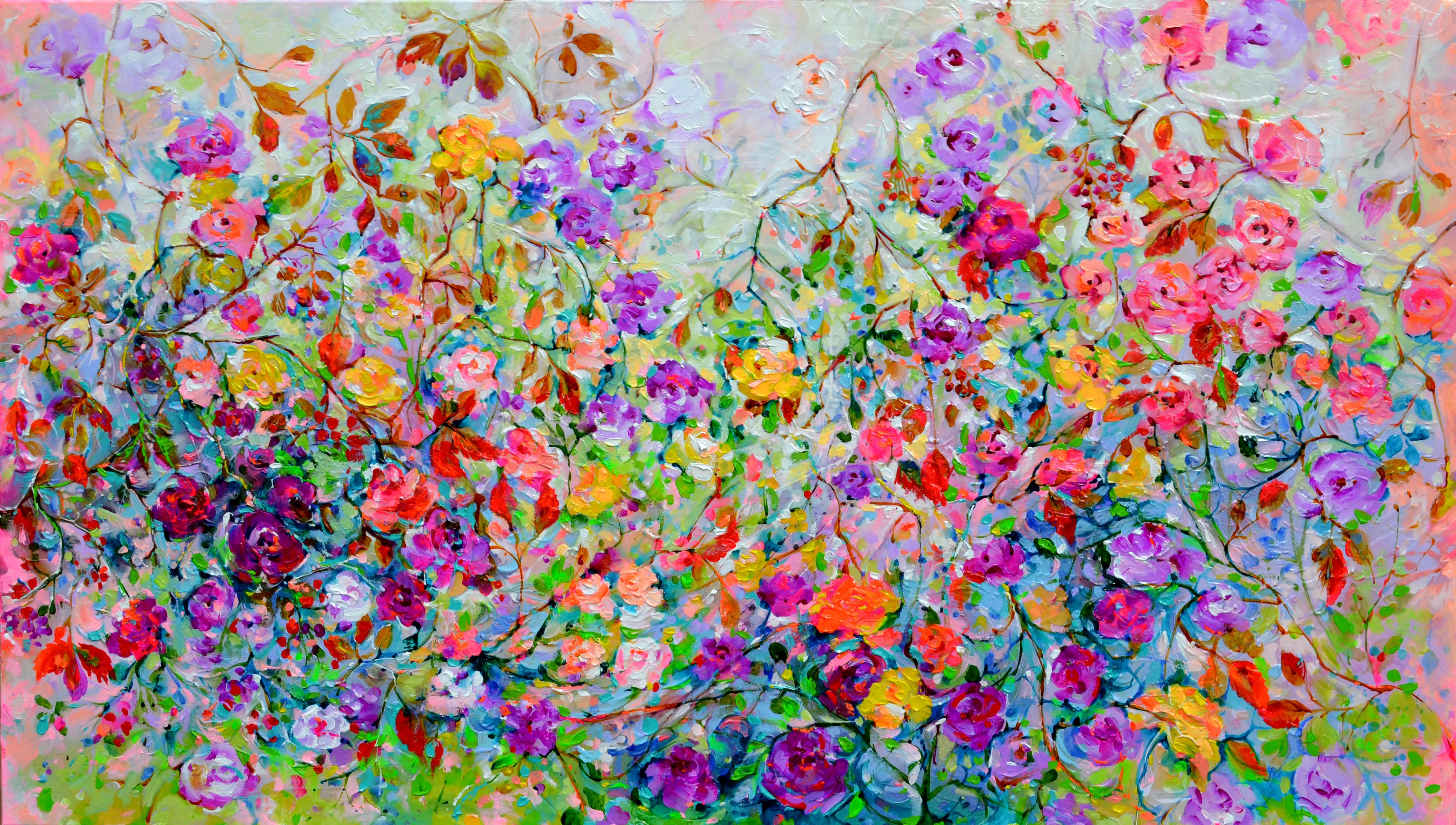 L
éclat intact des roses Grande peinture florale de jardin colorée