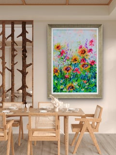 Lebendige Sonnenblumen und Mohnblumen Landschaft - 100x70 cm Floral, Blumenmalerei
