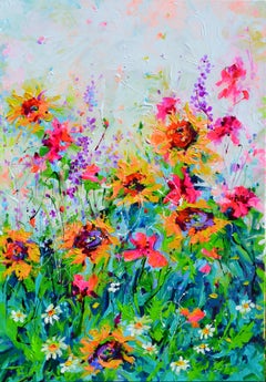 Lebendige Sonnenblumen und Mohnblumen Landschaft - 100x70 cm Floral, Blumenmalerei