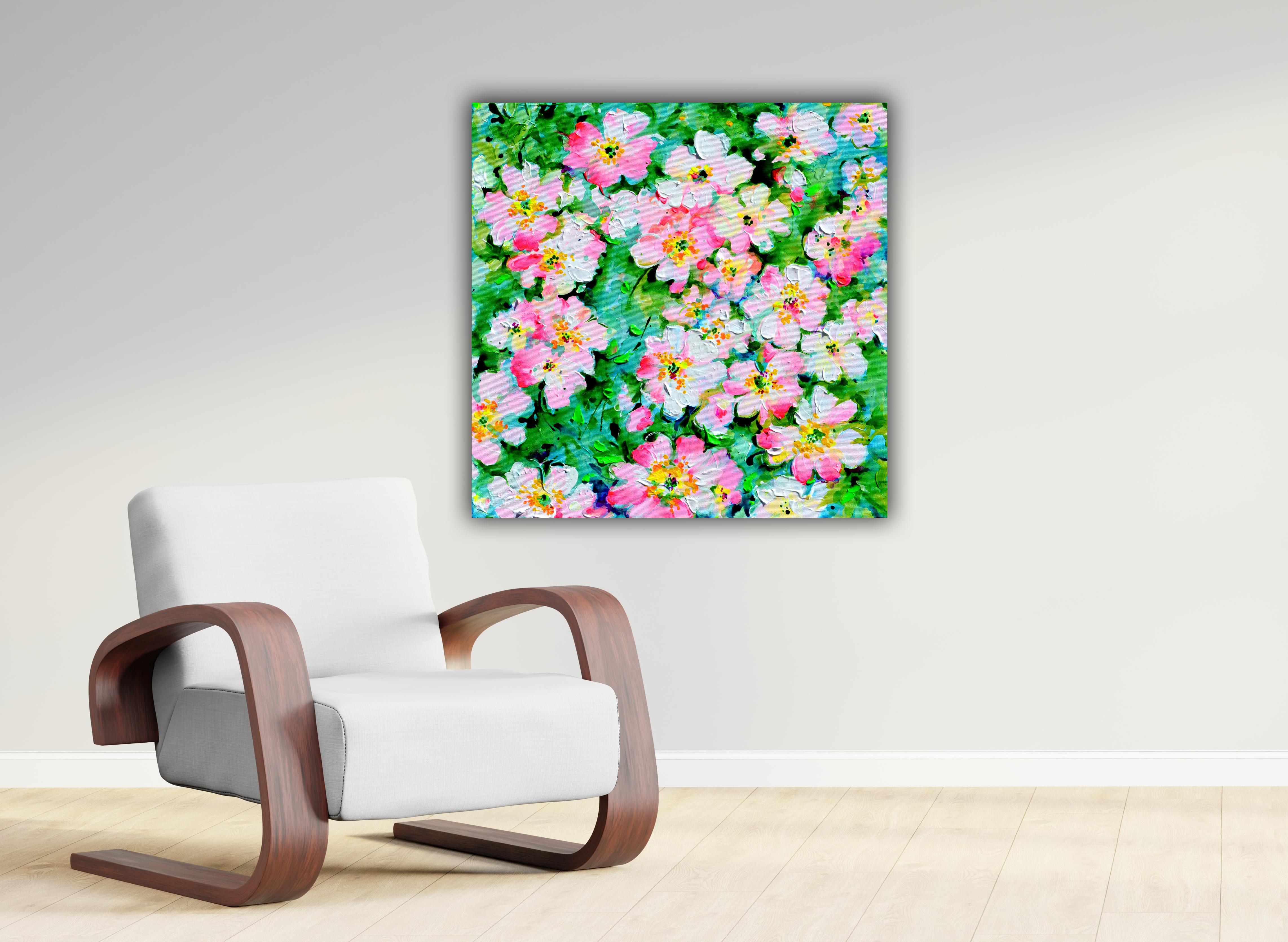 Weißes und rosa Wildrosenfeld – Painting von Soos Roxana Gabriela