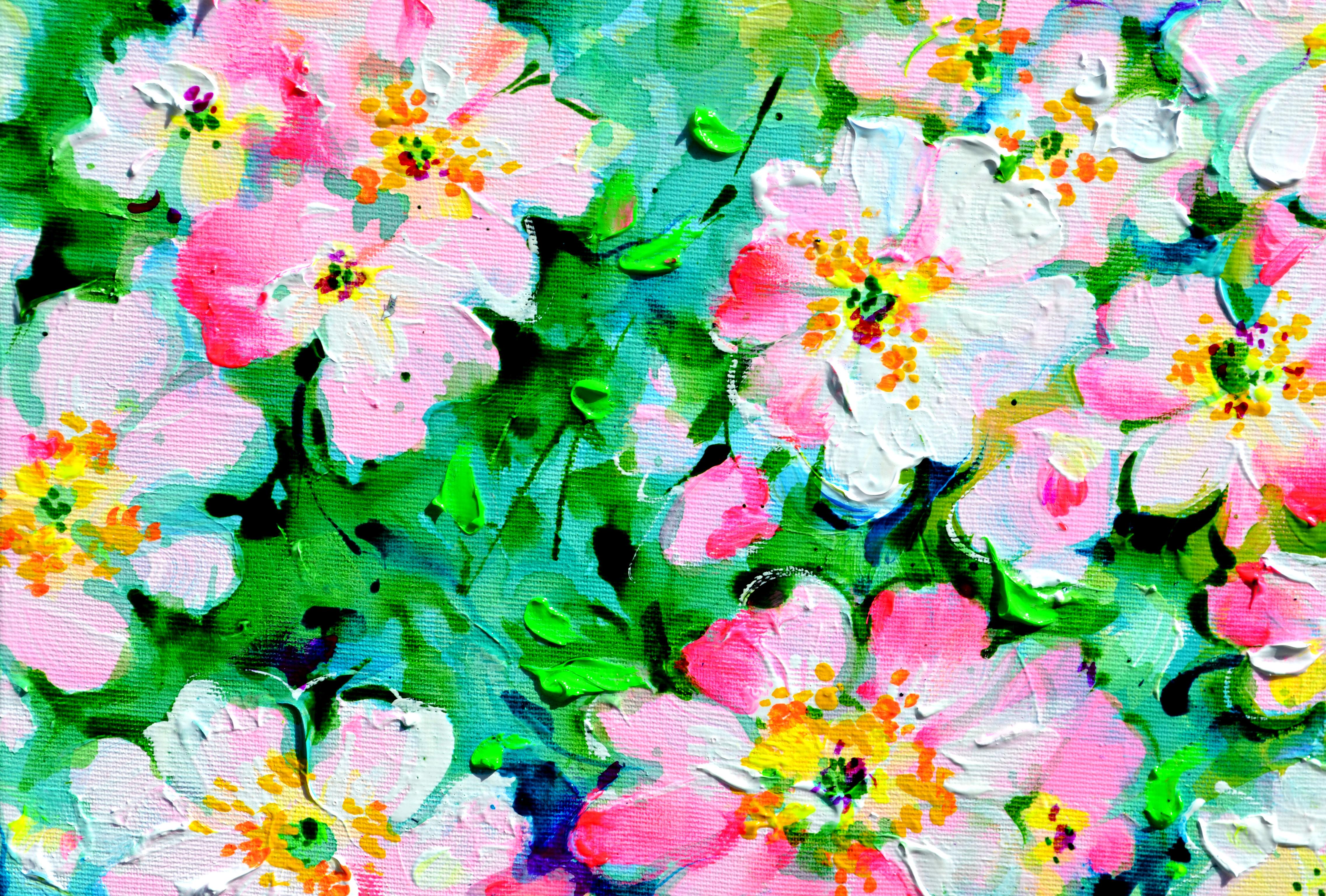 Weißes und rosa Wildrosenfeld (Impressionismus), Painting, von Soos Roxana Gabriela