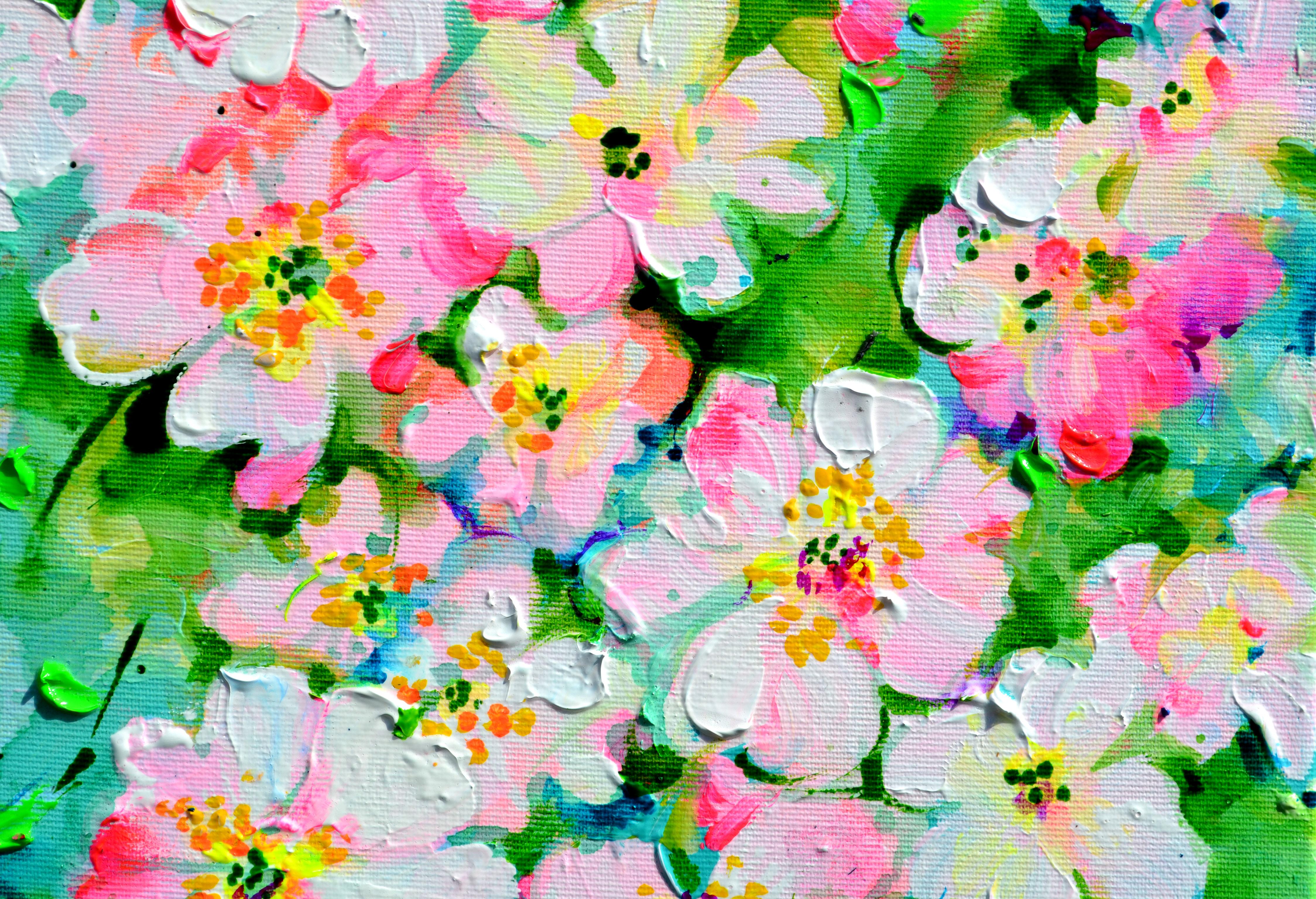 BEREIT ZUM AUFHÄNGEN mit bemalten Rändern.
Ein wunderschönes modernes Blumengemälde, eine wunderbare wilde rosa und weiße Rosen, gemacht mit professionellen lackierten Acrylfarben und Amsterdamer Acrylsprays auf gespannter Leinwand mit schweren