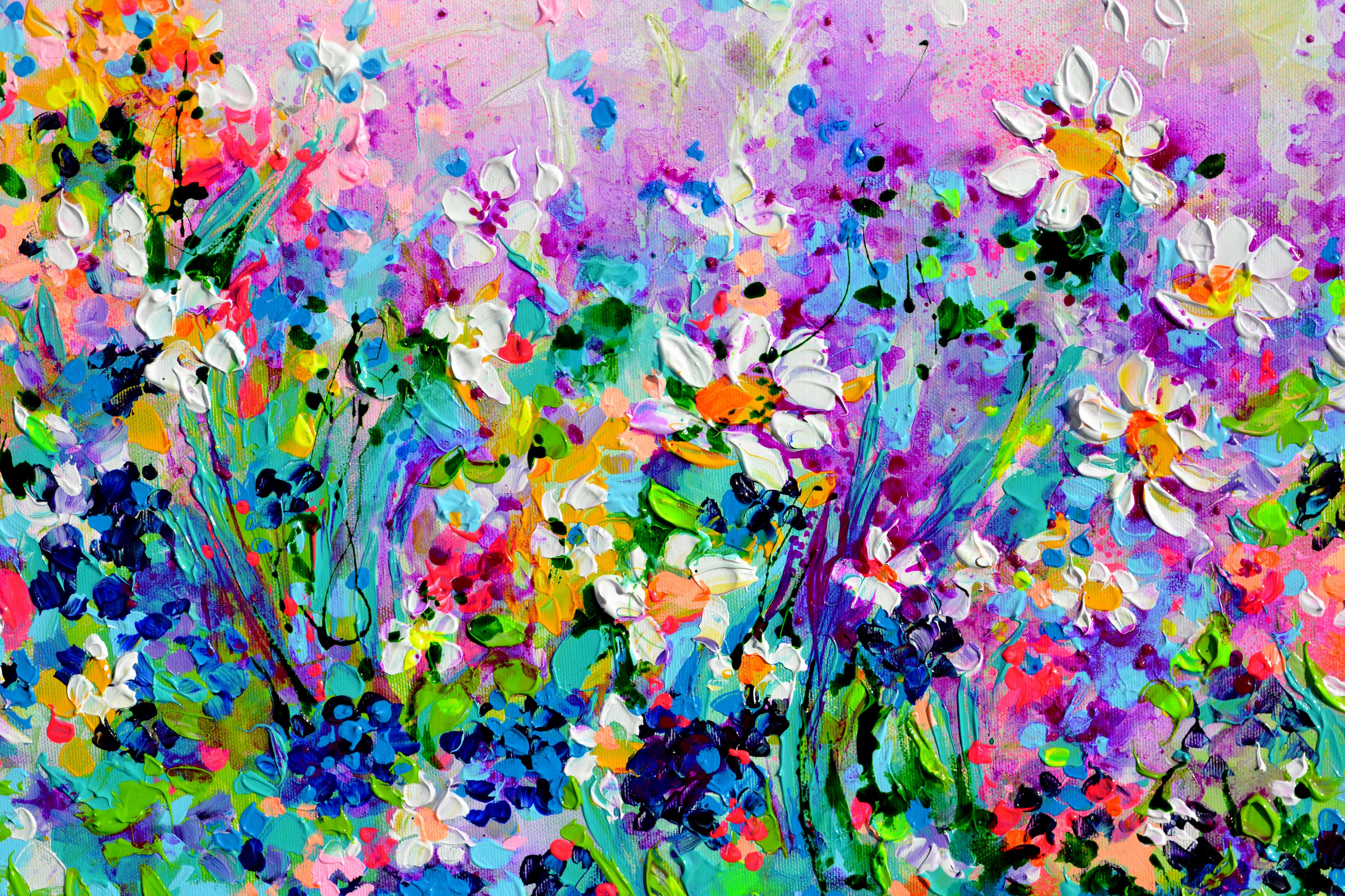 Margaritas Blancas, Delphinium y Campo de Flores Silvestres de Primavera Cottage - Painting Impresionista de Soos Roxana Gabriela