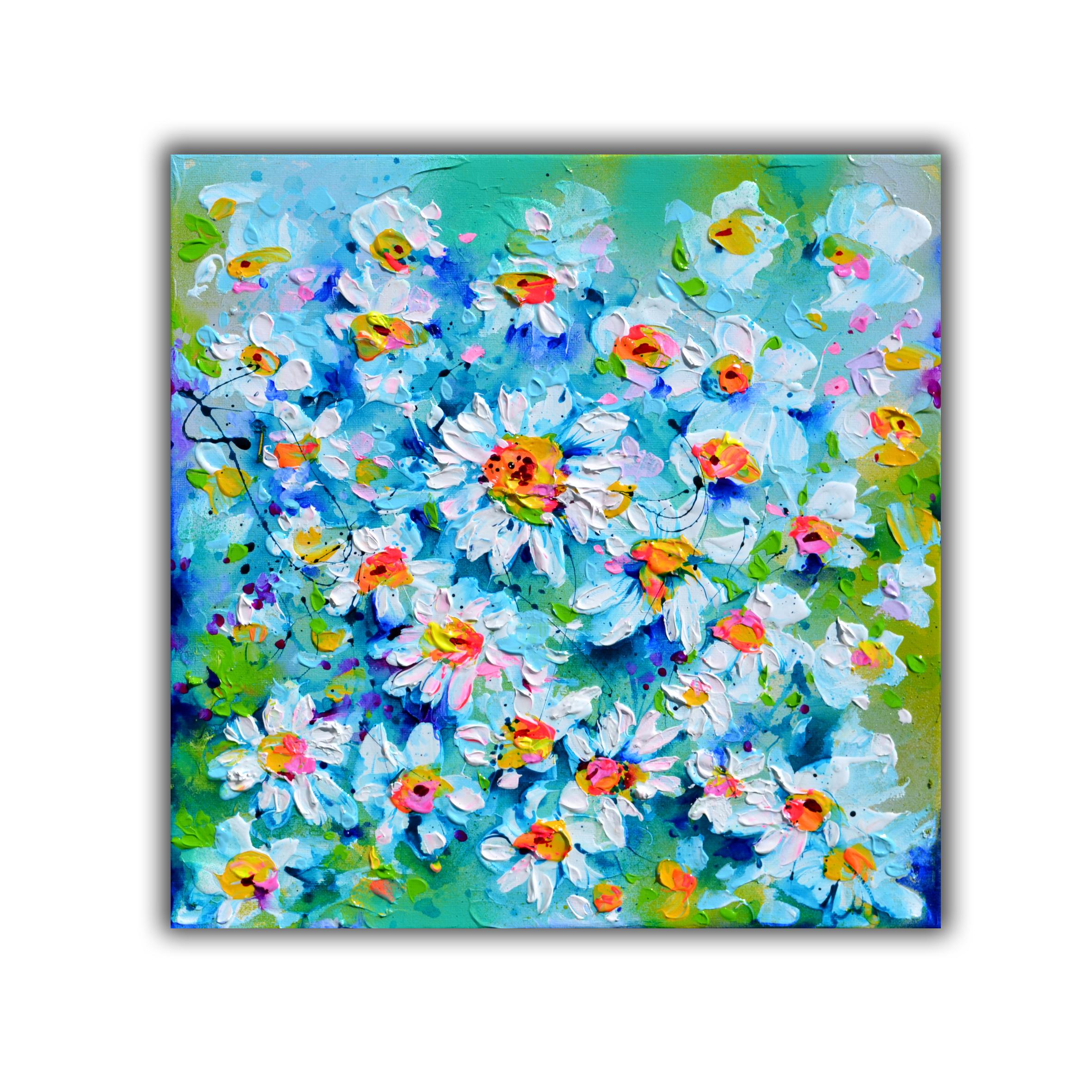 FREE WORLDWIDE SHIPPING!
A beautiful modern daisies field painting, made in relief with palette knife with professional varnished acrylics and Amsterdam acrylic sprays on stretched heavy canvas.
I ship this marvellous artwork ready to
