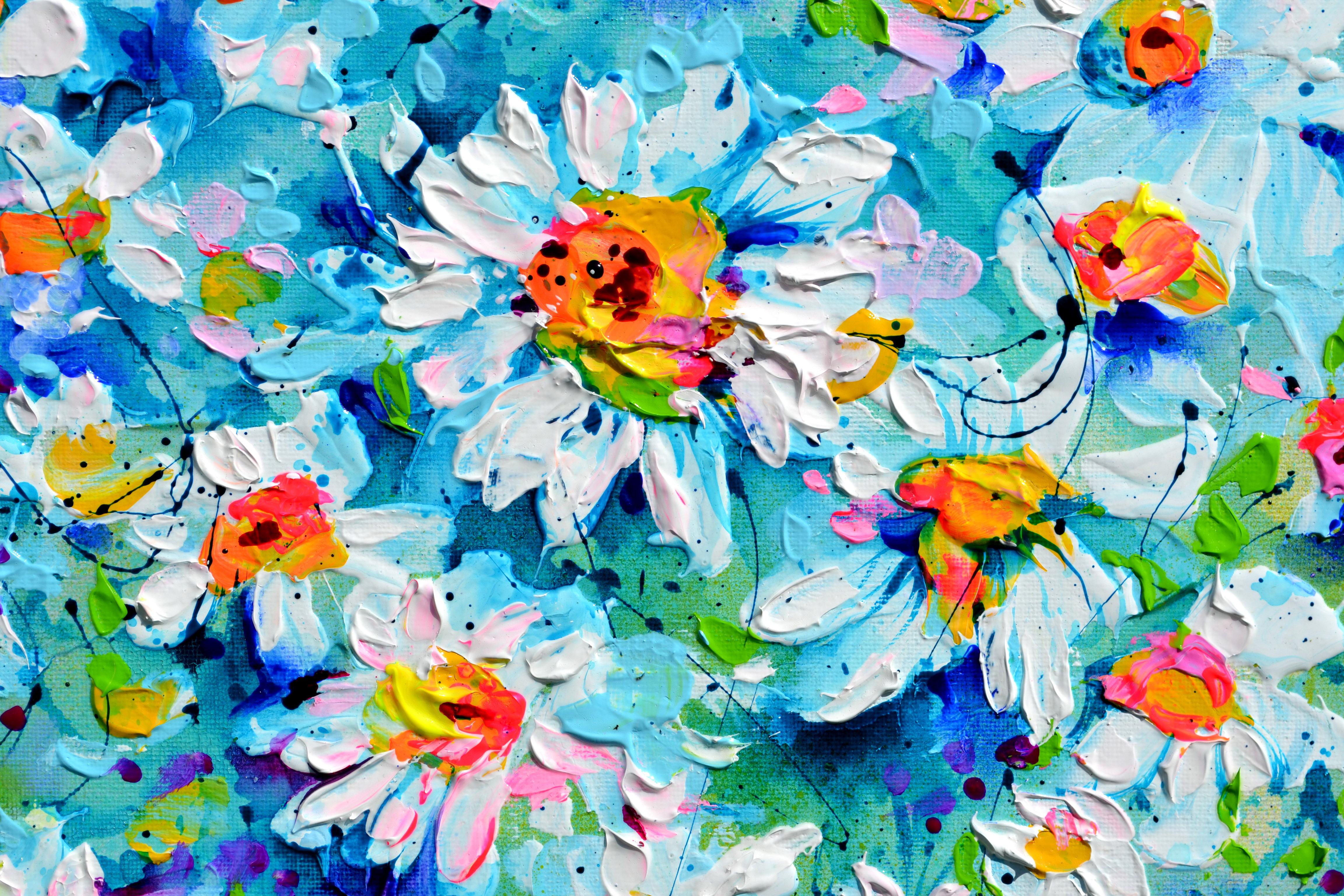 Field de marguerites blanches - Fleurs de marguerites - Petite peinture - Impressionnisme Painting par Soos Roxana Gabriela