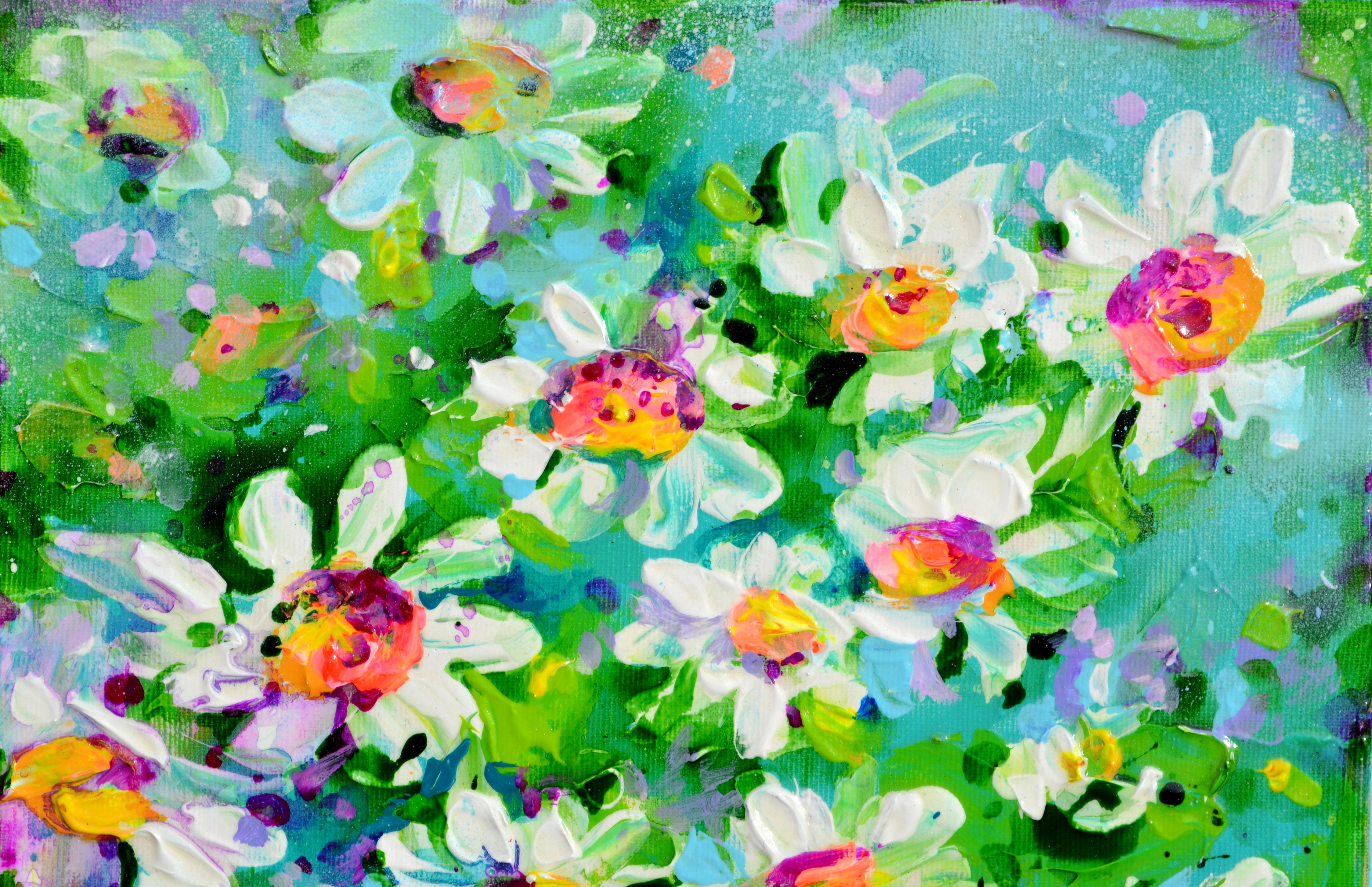 Campo de Margaritas Blancas - Flores de Margaritas - Pequeña Pintura Minúscula - Painting Impresionista de Soos Roxana Gabriela