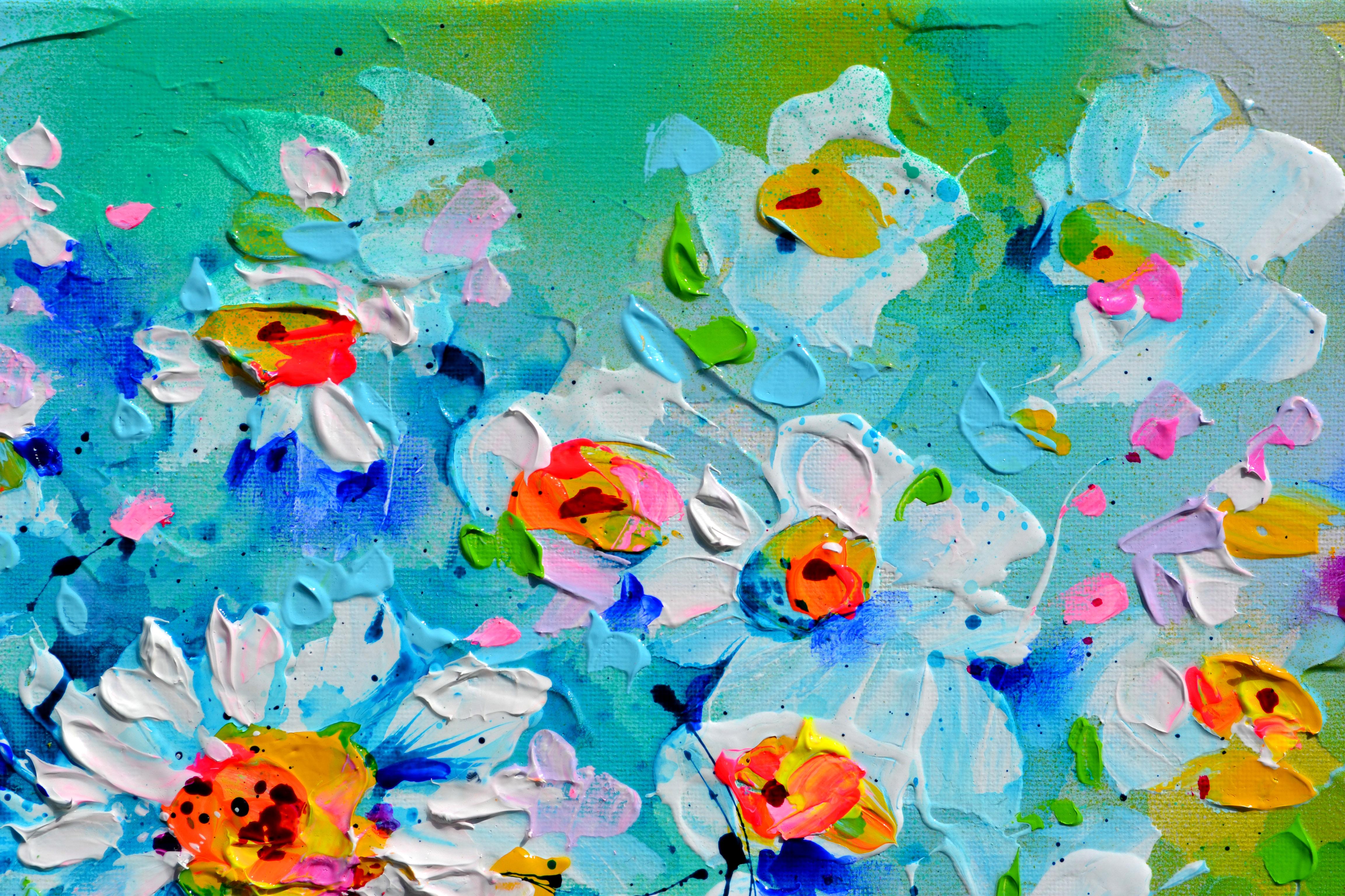 White Daisies Field - Daisy Flowers - Tiny Small Painting For Sale 2