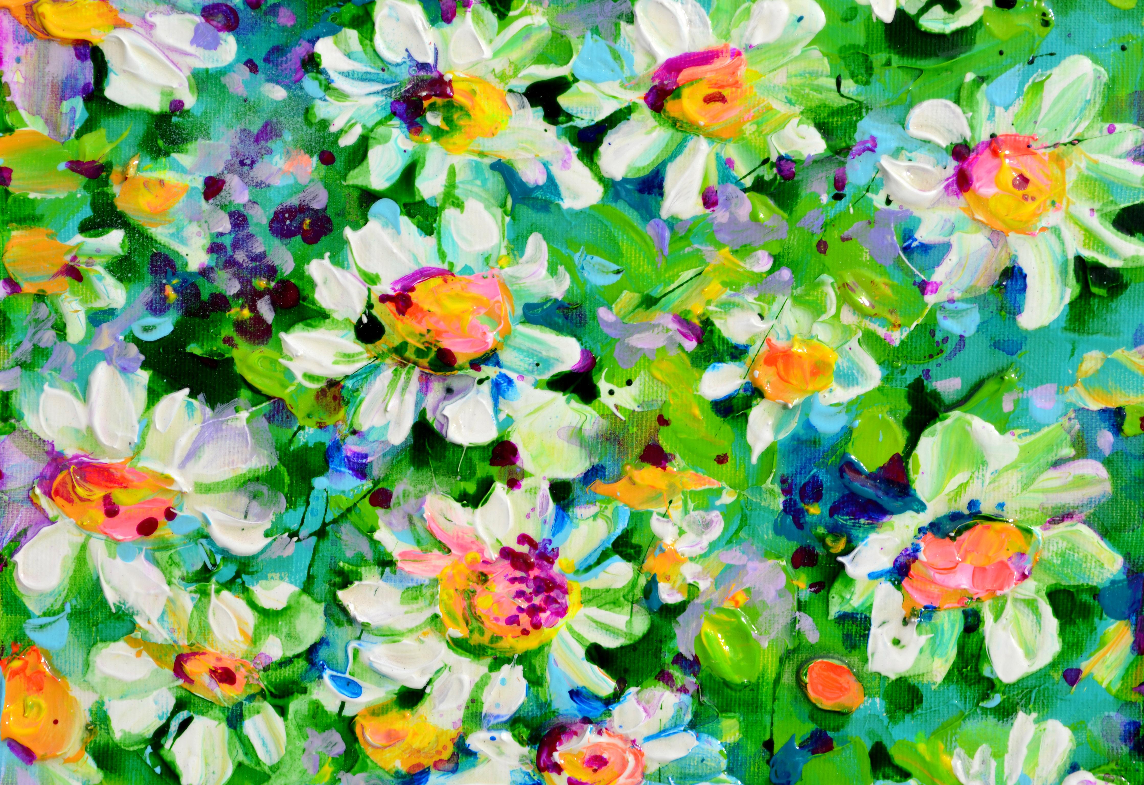 Campo de Margaritas Blancas - Flores de Margaritas - Pequeña Pintura Minúscula - Interior Painting Verde de Soos Roxana Gabriela