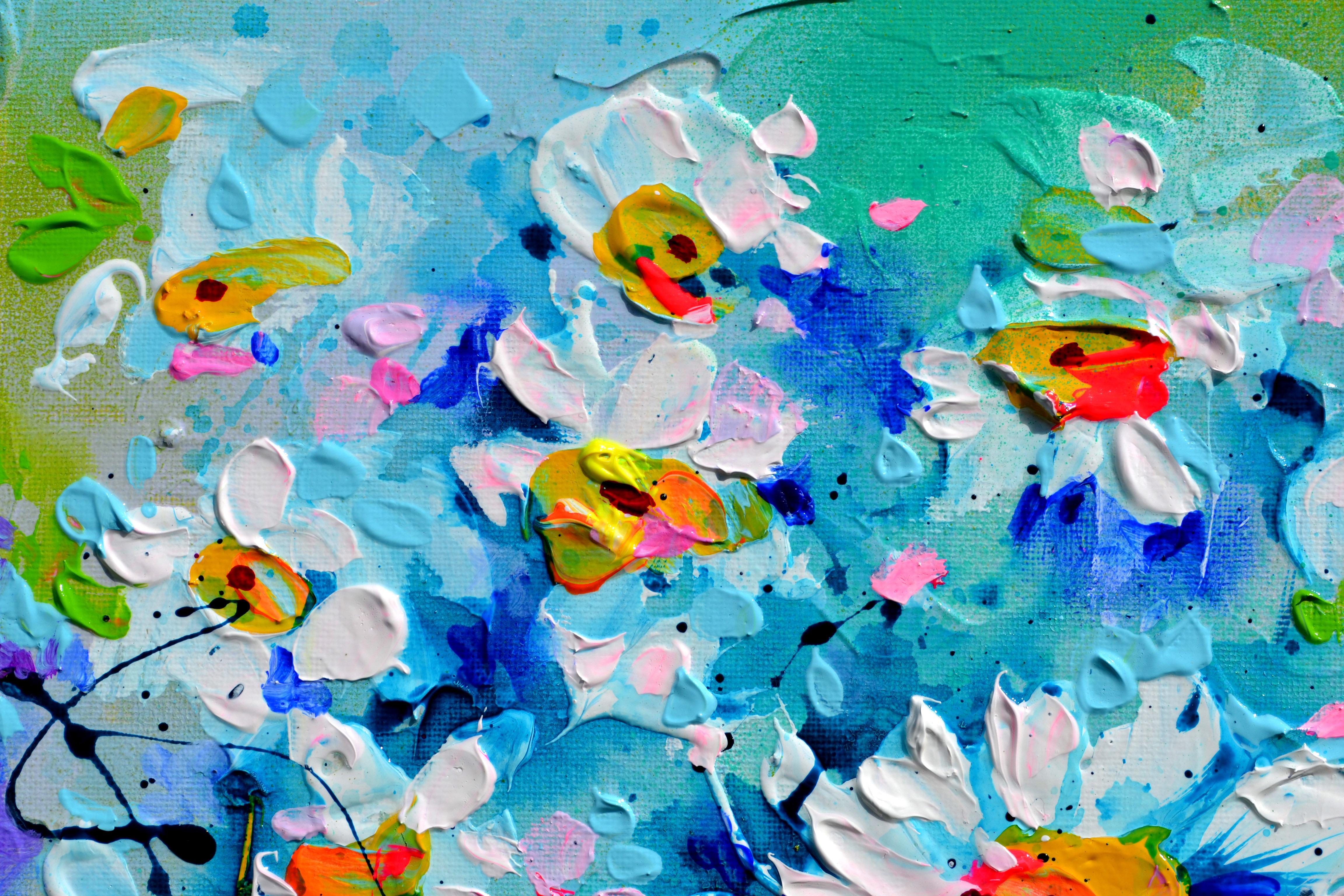 Field de marguerites blanches - Fleurs de marguerites - Petite peinture en vente 1