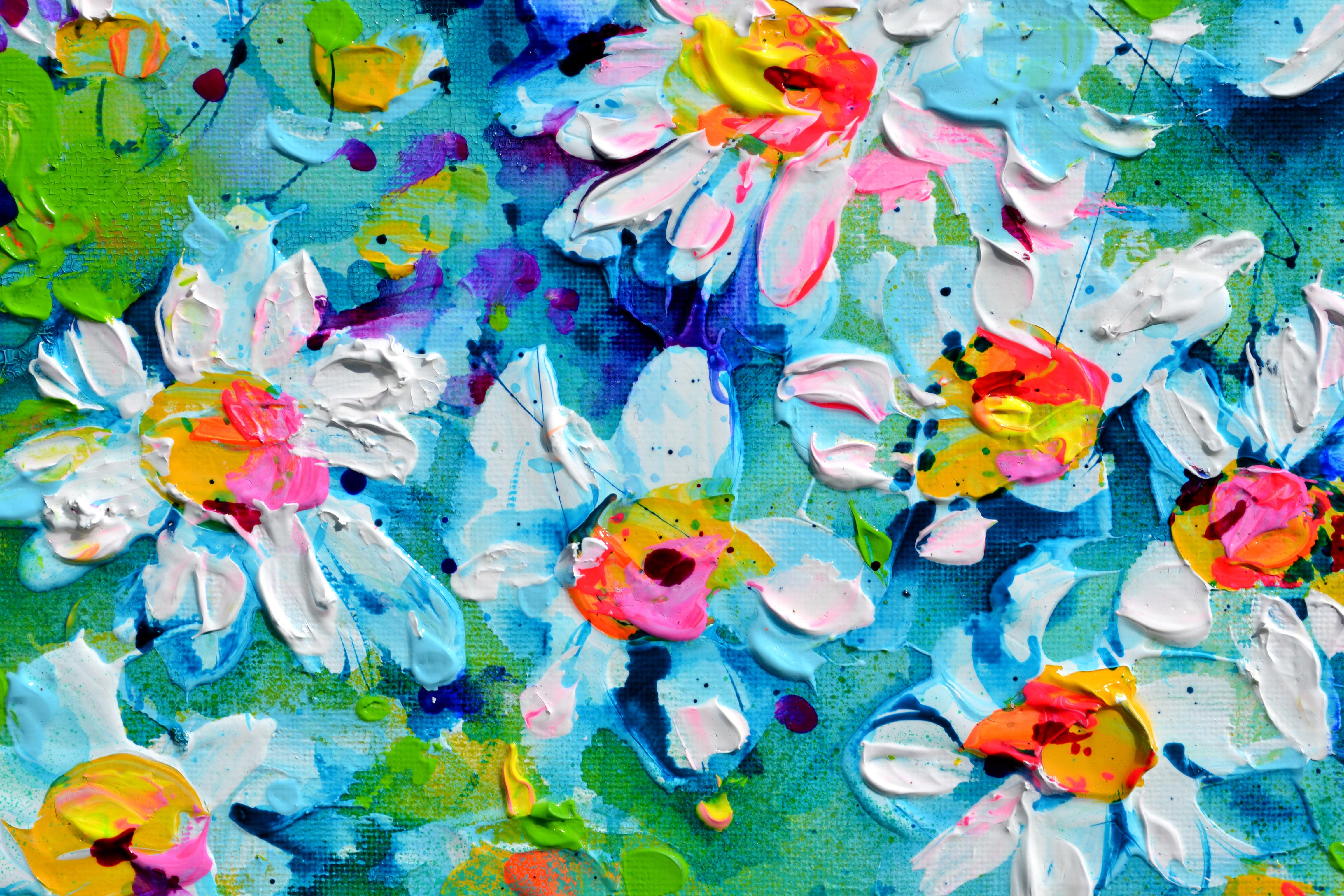 Field de marguerites blanches - Fleurs de marguerites - Petite peinture en vente 2