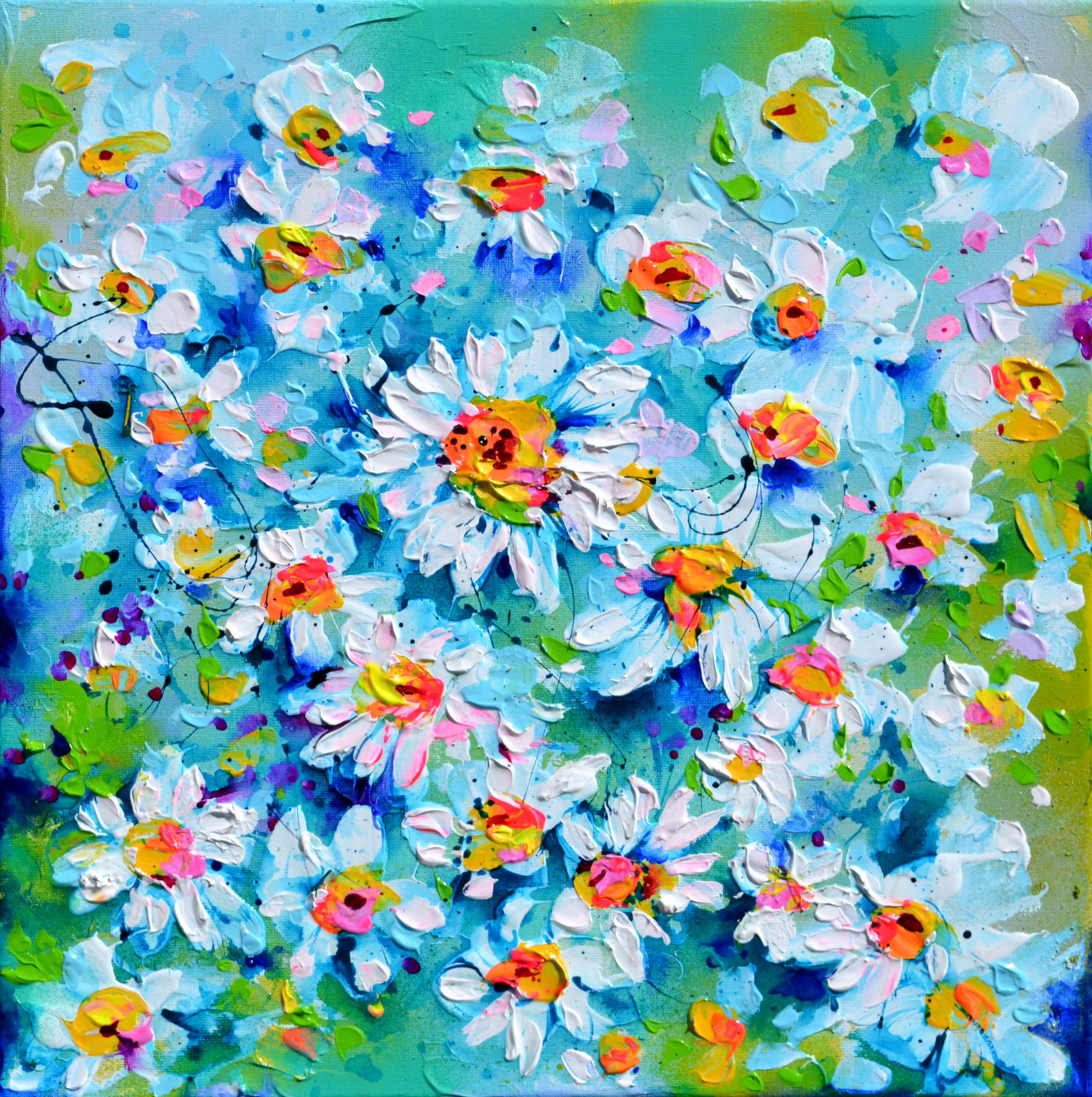 Soos Roxana Gabriela Landscape Painting - White Daisies Field - Daisy Flowers - Tiny Small Painting