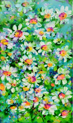 Campo de Margaritas Blancas - Flores de Margaritas - Pequeña Pintura Minúscula