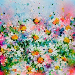 White Daisies Floral Field, Painting, Acrylic on Canvas