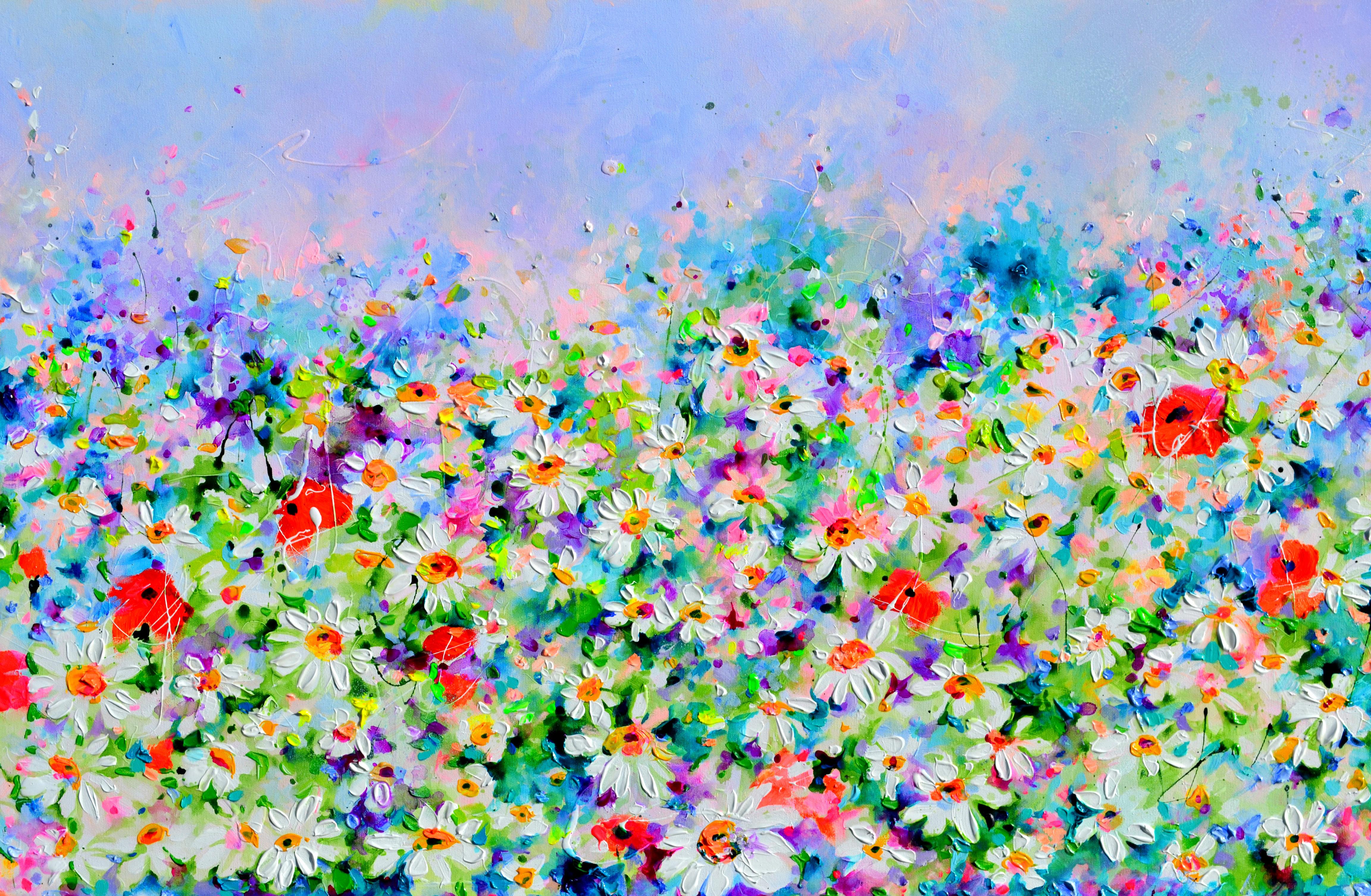 Weißes Gänseblümchen und rotes Mohnfeld (Impressionismus), Painting, von Soos Roxana Gabriela