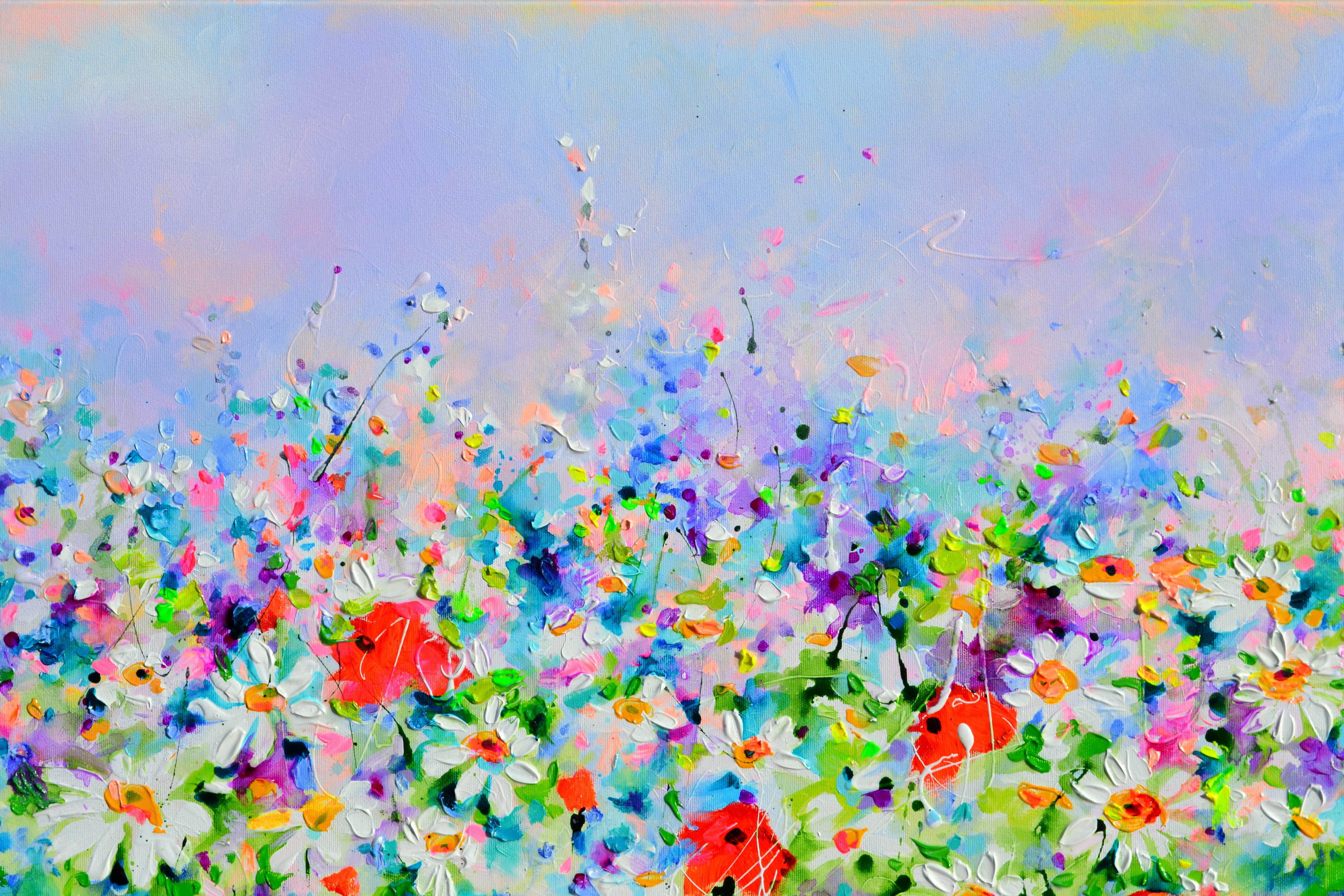 Weißes Gänseblümchen und rotes Mohnfeld im Angebot 4