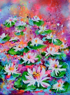 Ninfee bianche sullo stagno - Splendido quadro impressionista di grandi dimensioni raffigurante un paesaggio acquatico