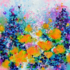 Wild Delphinium and Yellow Californian Poppies Flo, Painting, Acrylic on Canvas