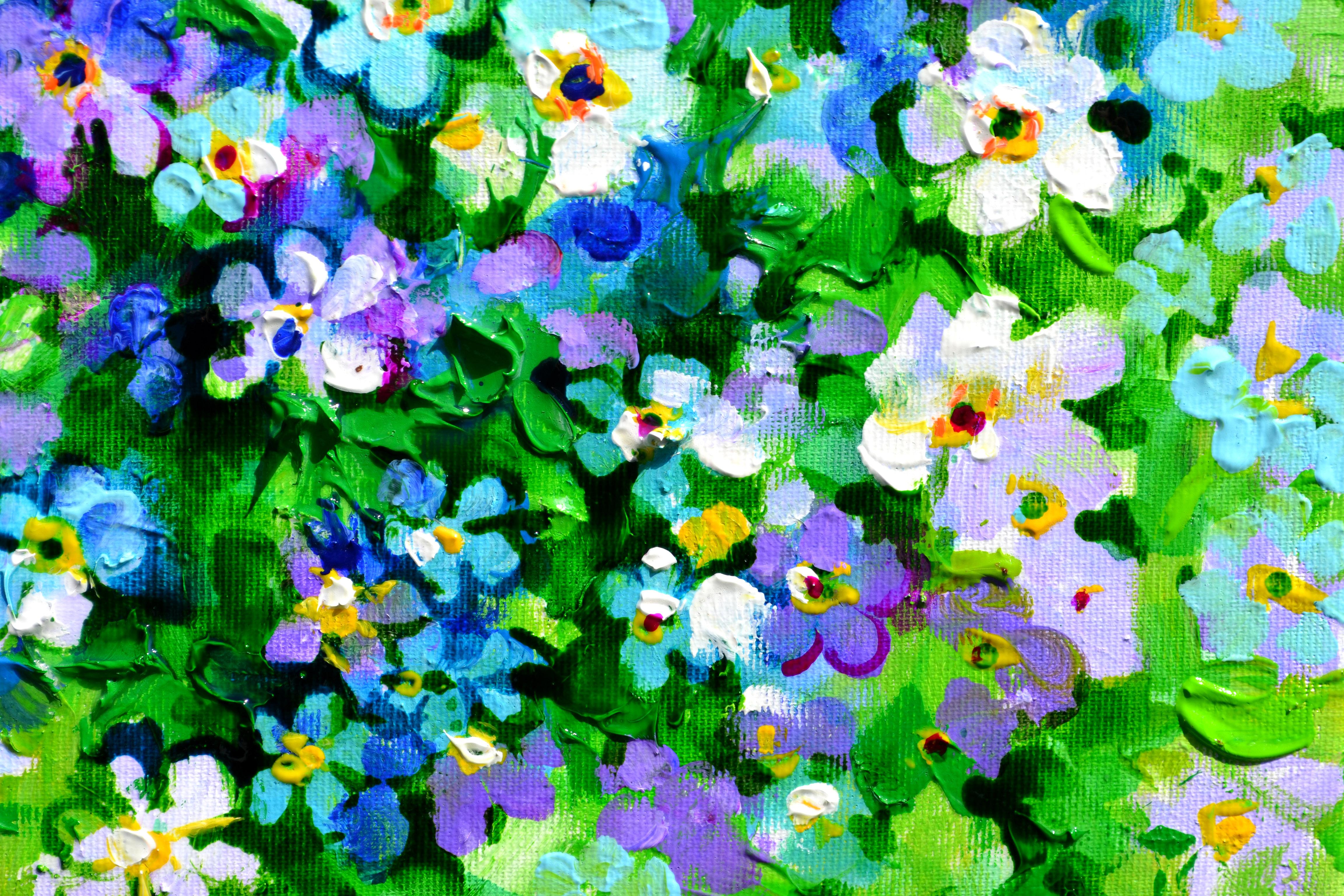 Wild Flower Field of Forget Me Not Blumenfeld (Blau), Landscape Painting, von Soos Roxana Gabriela