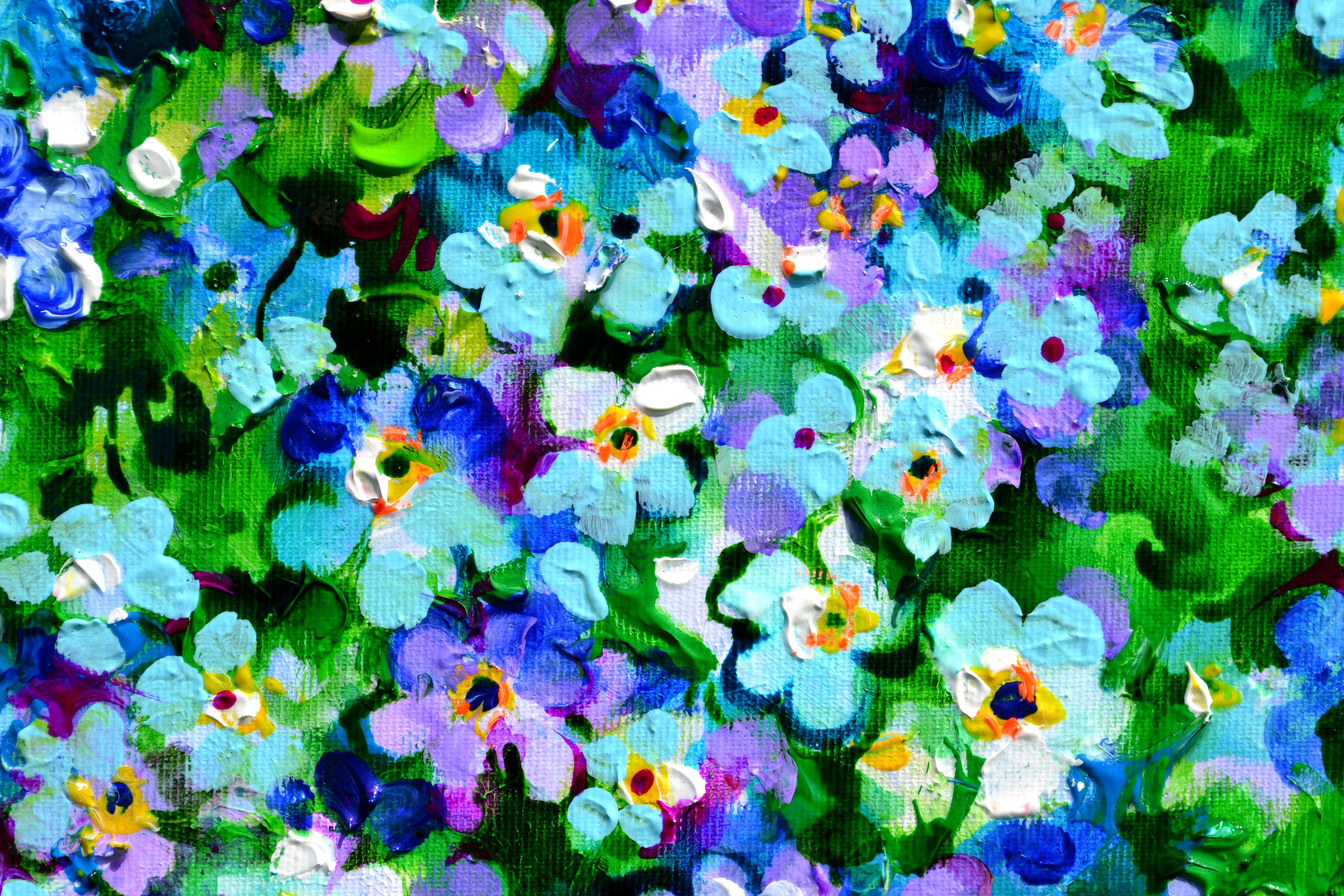 BEREIT ZUM AUFHÄNGEN, wobei die Malerei an den Rändern fortgesetzt wird.
Ein wunderschönes modernes Blumengemälde, ein wunderbares wildes Vergissmeinnicht-Blumenfeld, hergestellt mit professionellen lackierten Acrylfarben und Amsterdamer Acrylsprays