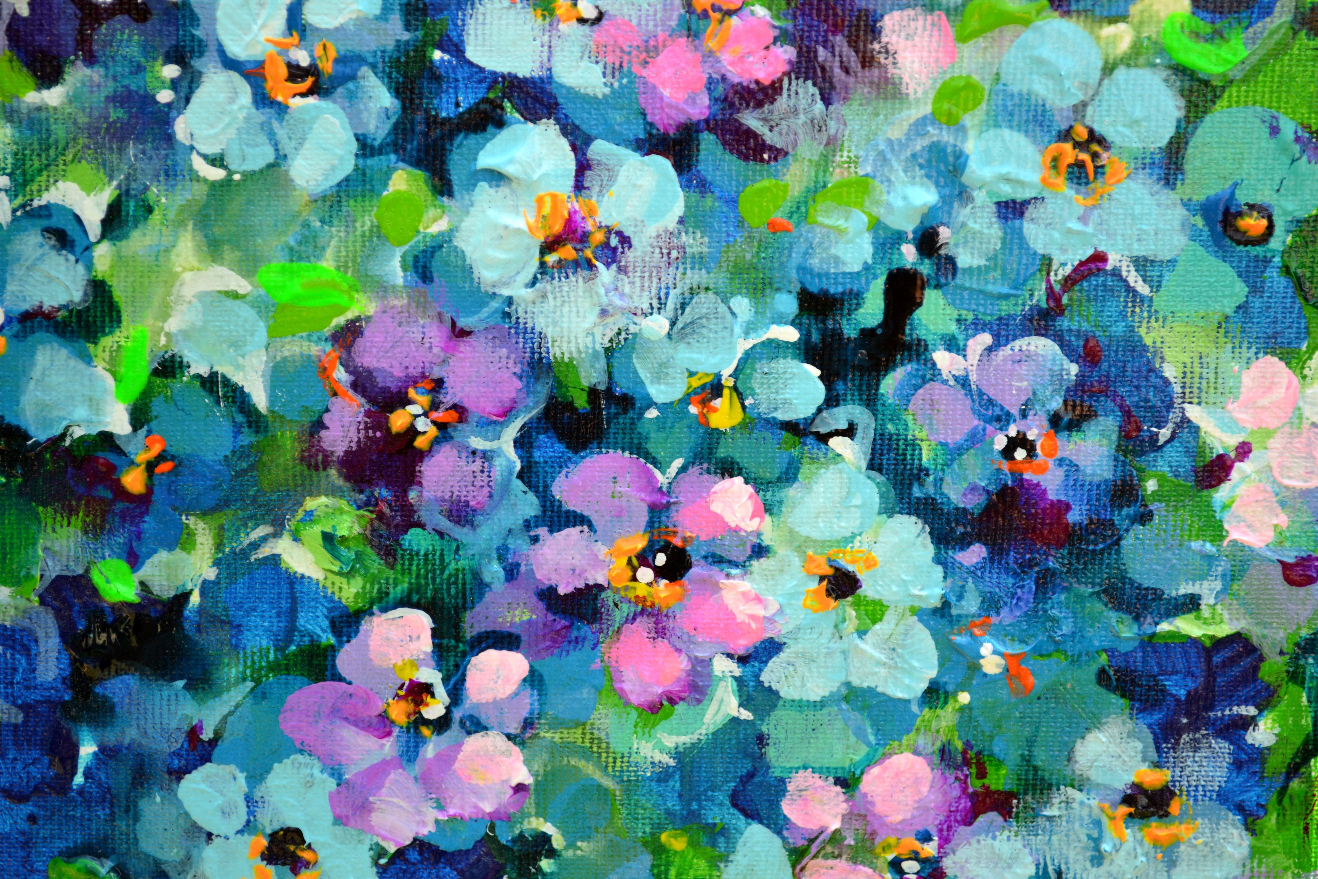 BEREIT ZUM AUFHÄNGEN, wobei die Malerei an den Rändern fortgesetzt wird.
Ein wunderschönes modernes Blumengemälde, ein wunderbares wildes Vergissmeinnicht-Blumenfeld, hergestellt mit professionellen lackierten Acrylfarben und Amsterdamer Acrylsprays