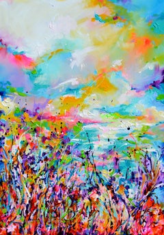 Windy Shore Landscape - 100x70 cm Large Seascape Floral Painting