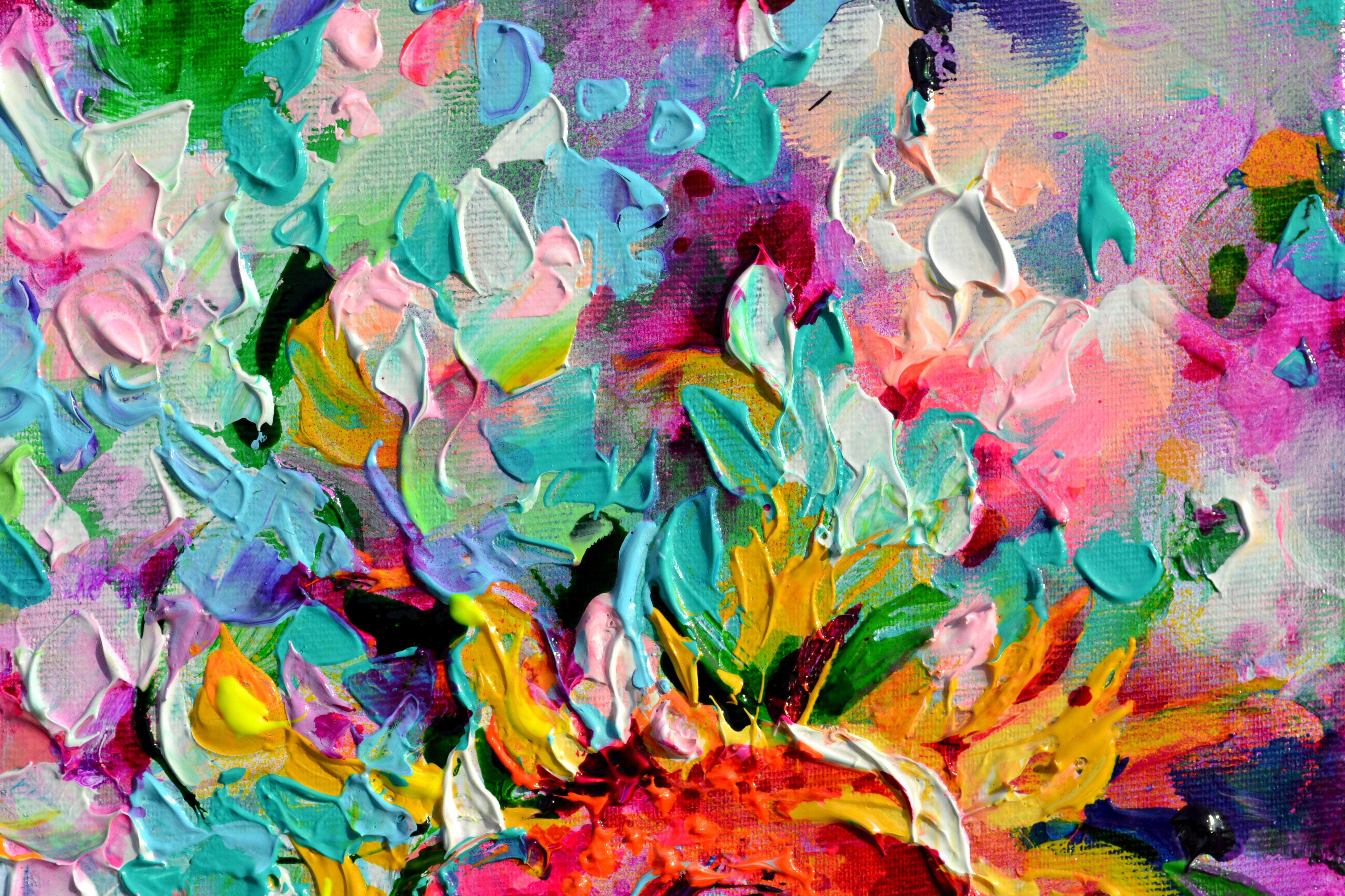 PINTURA LISTA PARA COLGAR con los bordes pintados - la pintura continúa en los bordes. Chasis de 4 cm con calidad de galería.
Un hermoso cuadro moderno sobre un campo de girasoles, realizado en relieve con espátula con acrílicos barnizados