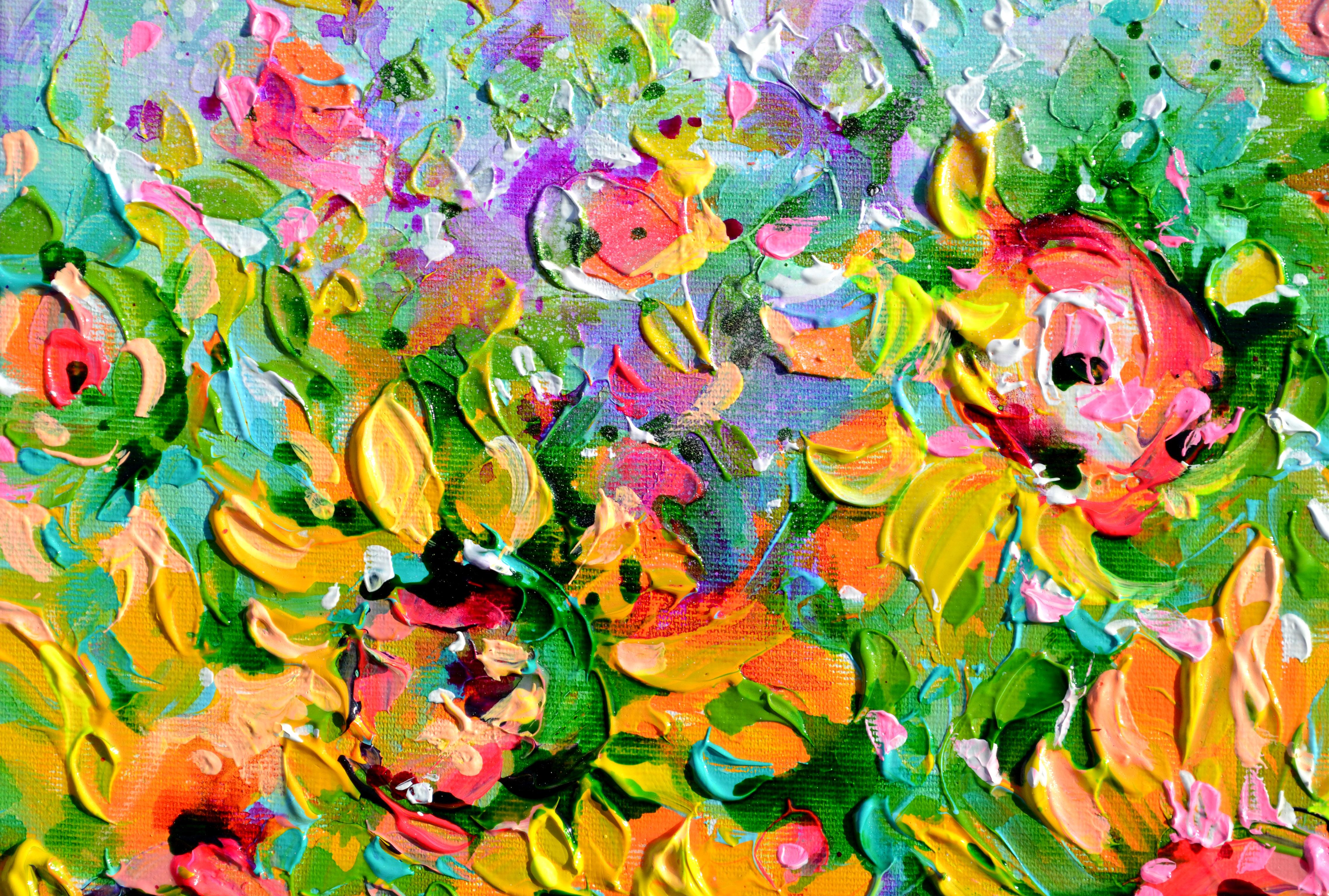PINTURA LISTA PARA COLGAR con los bordes pintados - la pintura continúa en los bordes. Chasis de 4 cm con calidad de galería.
Un hermoso cuadro moderno sobre un campo de girasoles, realizado en relieve con espátula con acrílicos barnizados