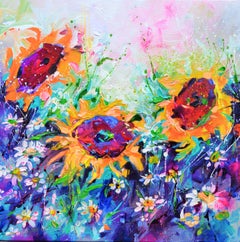 Yellow Sunflowers Swirls - Wild Flower Field, Modern Impressionist Painting 2026