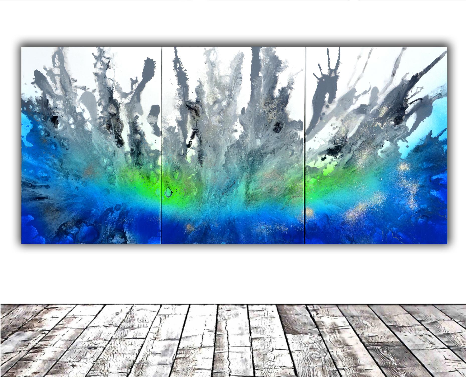 Amore astrale XXVIII - Quadro astratto neutro grigio e blu di grandi dimensioni - Painting di SOOS TIBERIU